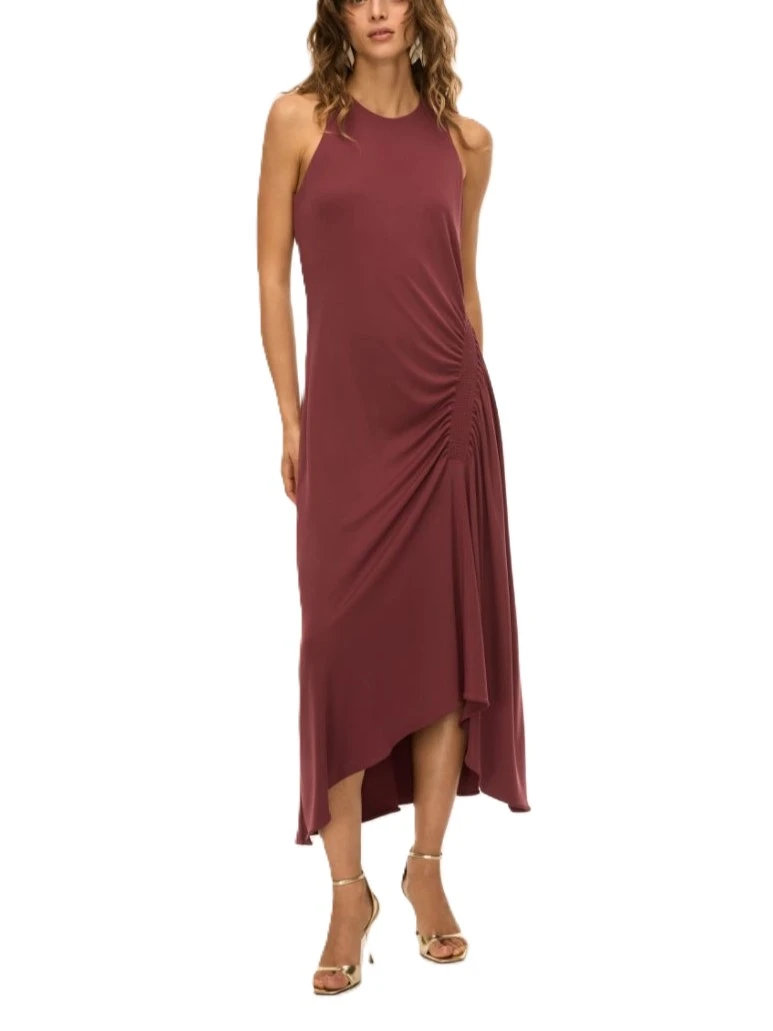 VESTITO LUNGO CON DRAPPEGGO E APERTURA A GOCCIA DONNA BORDEAUX