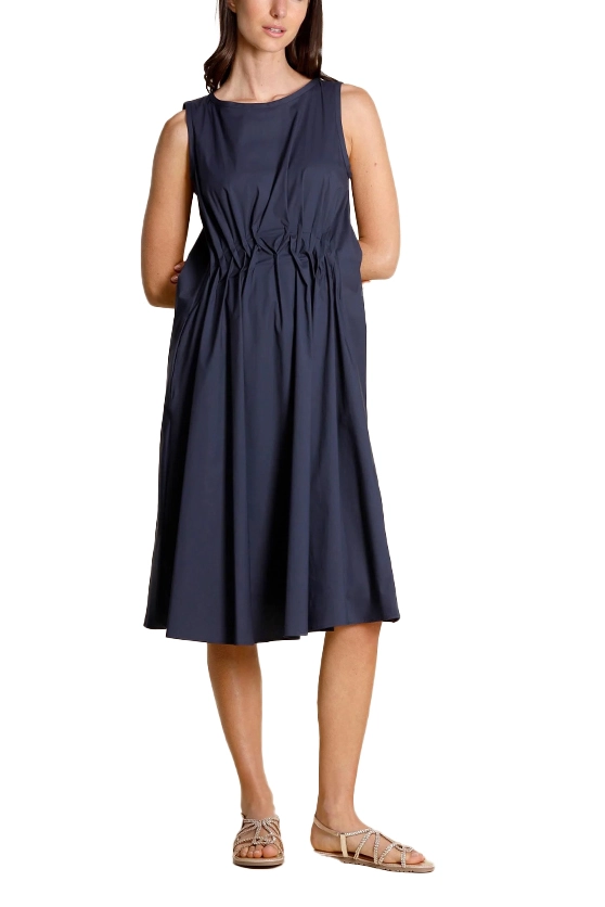 VESTITO SMANICATO IN COTONE CON PIEGHE E ARRICCIATURE DONNA BLU