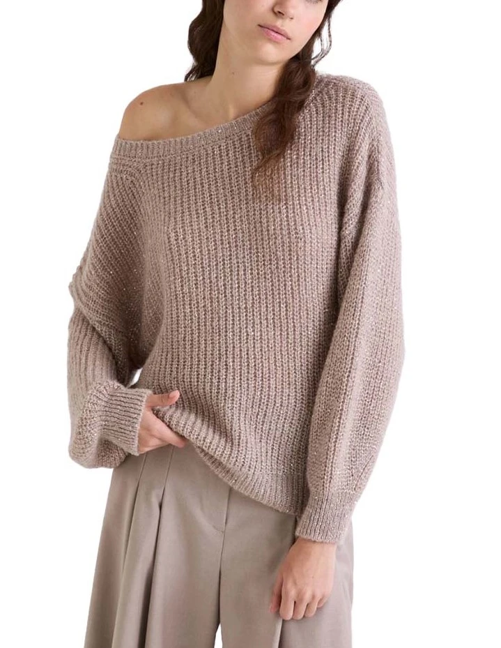 MAGLIA GIROCOLLO IN MISTO MOHAIR E MICRO PAILLETTE DONNA BEIGE