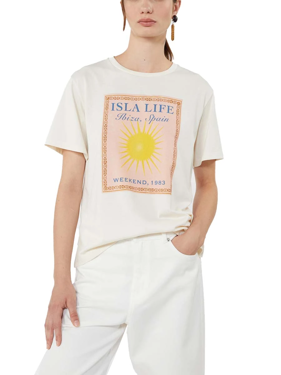 T-SHIRT MANICA CORTA CON SPAMPE FANTASIA DONNA ECRU'