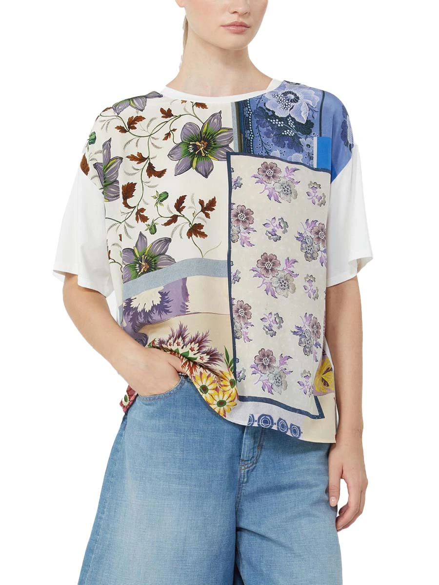 T-SHIRT MANICA CORTA CON STAMPA FANTASIA PATCH DONNA BIANCO