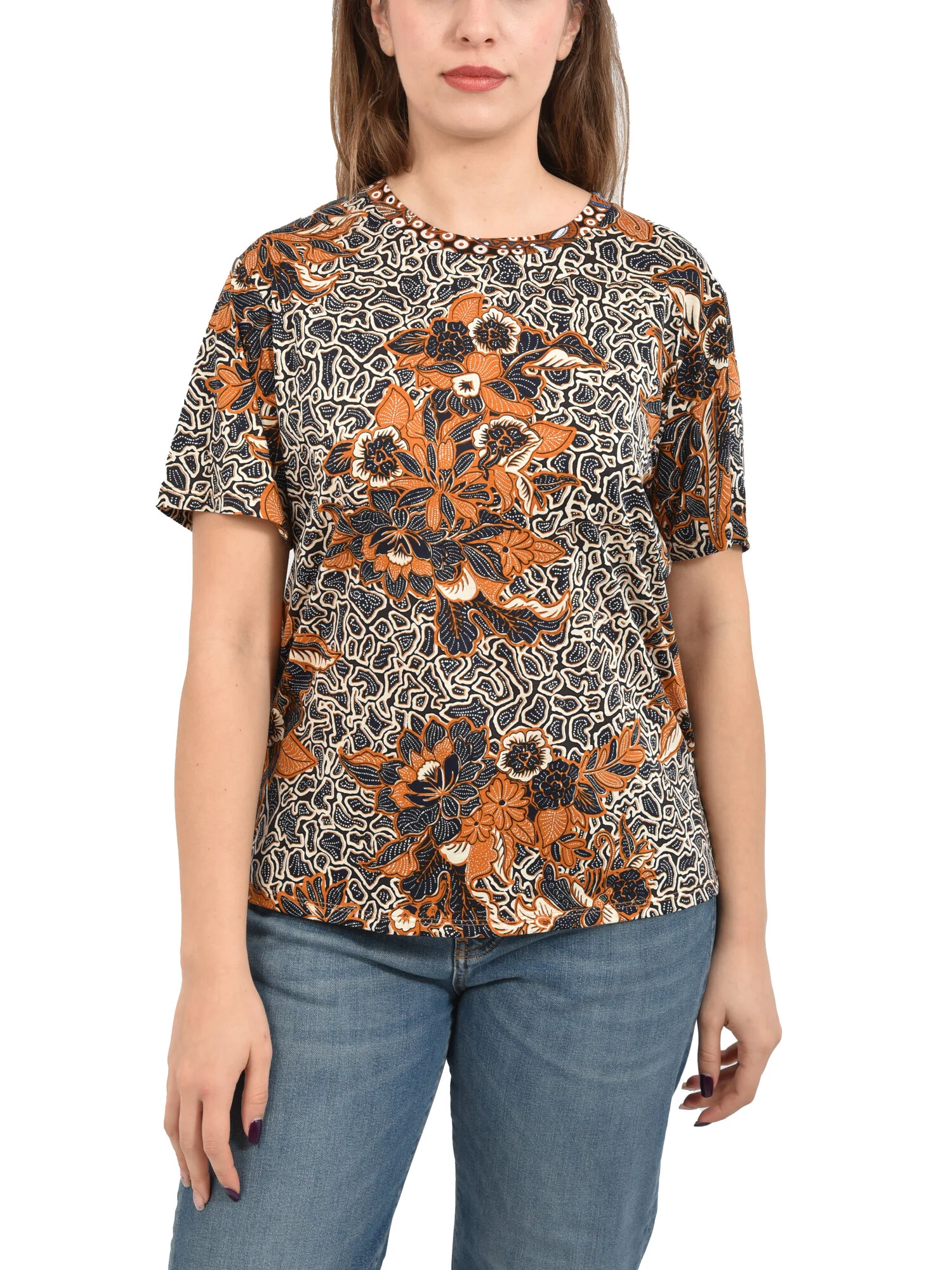 T-SHIRT MANICA CORTA IN COTONE A FANTASIA DONNA ARANCIO