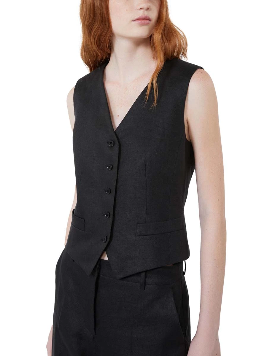 GILET  IN LINO SCOLLO A V DONNA NERO