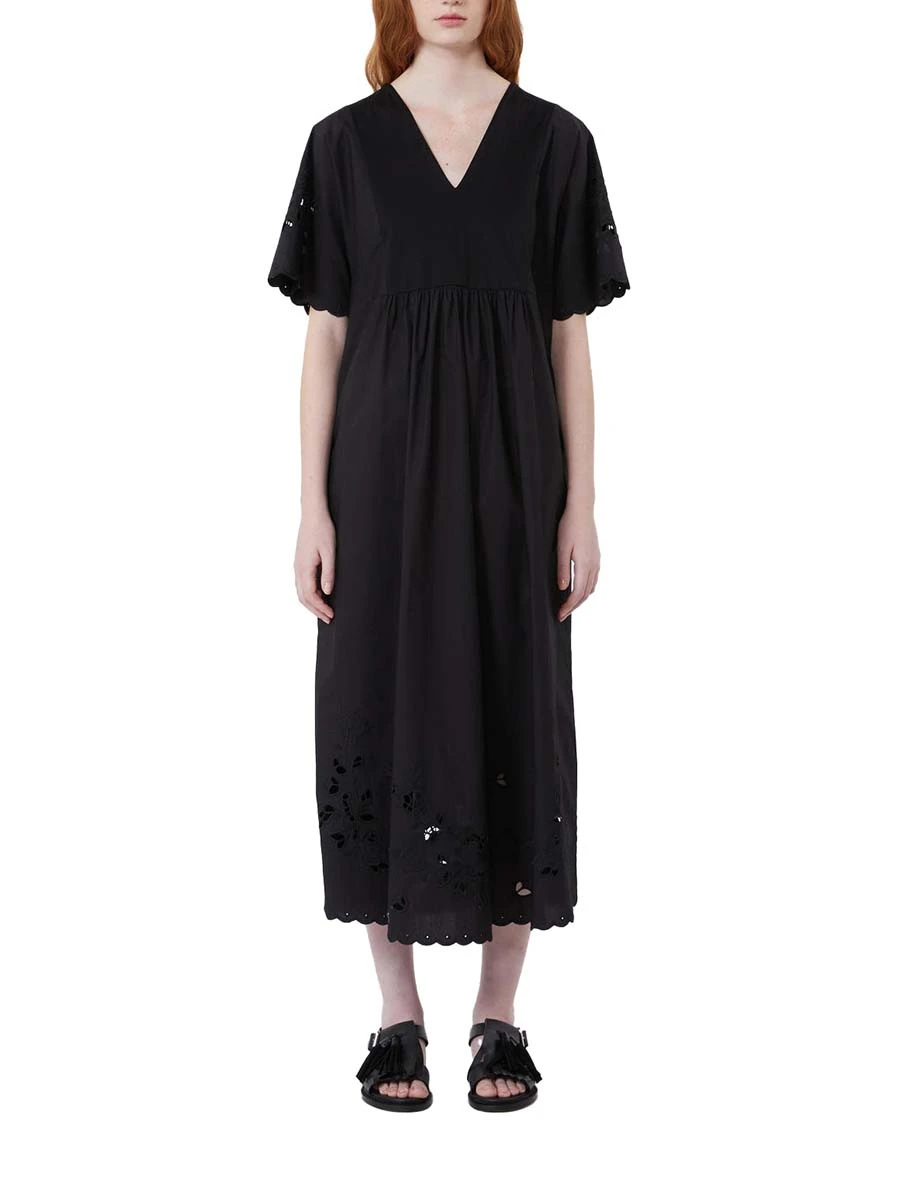 VESTITO LUNGO SCOLLO A V RICAMI DONNA NERO