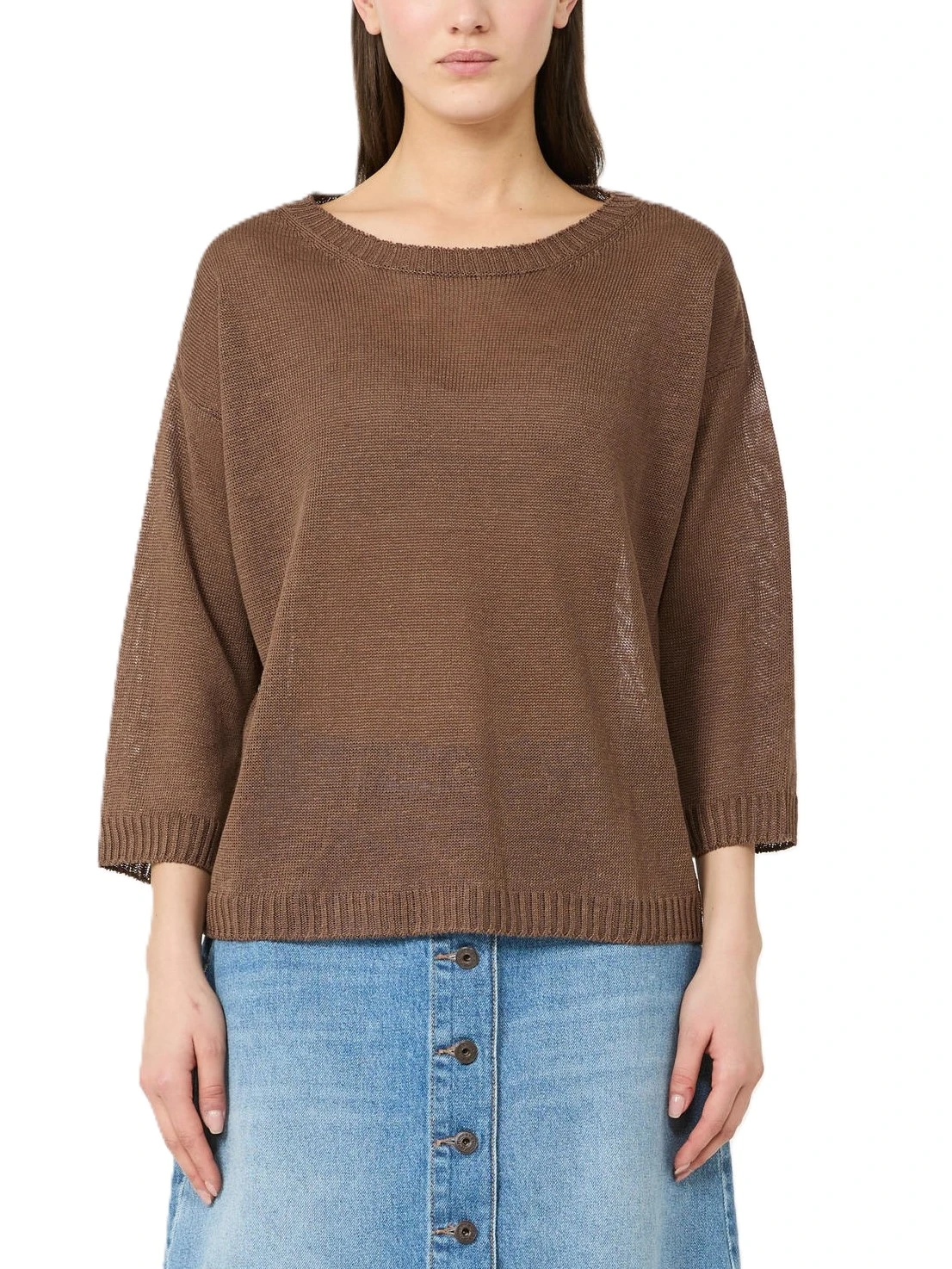 MAGLIA SCOLLO A BARCA IN PURO LINO CON BORDI A COSTINE DONNA MARRONE