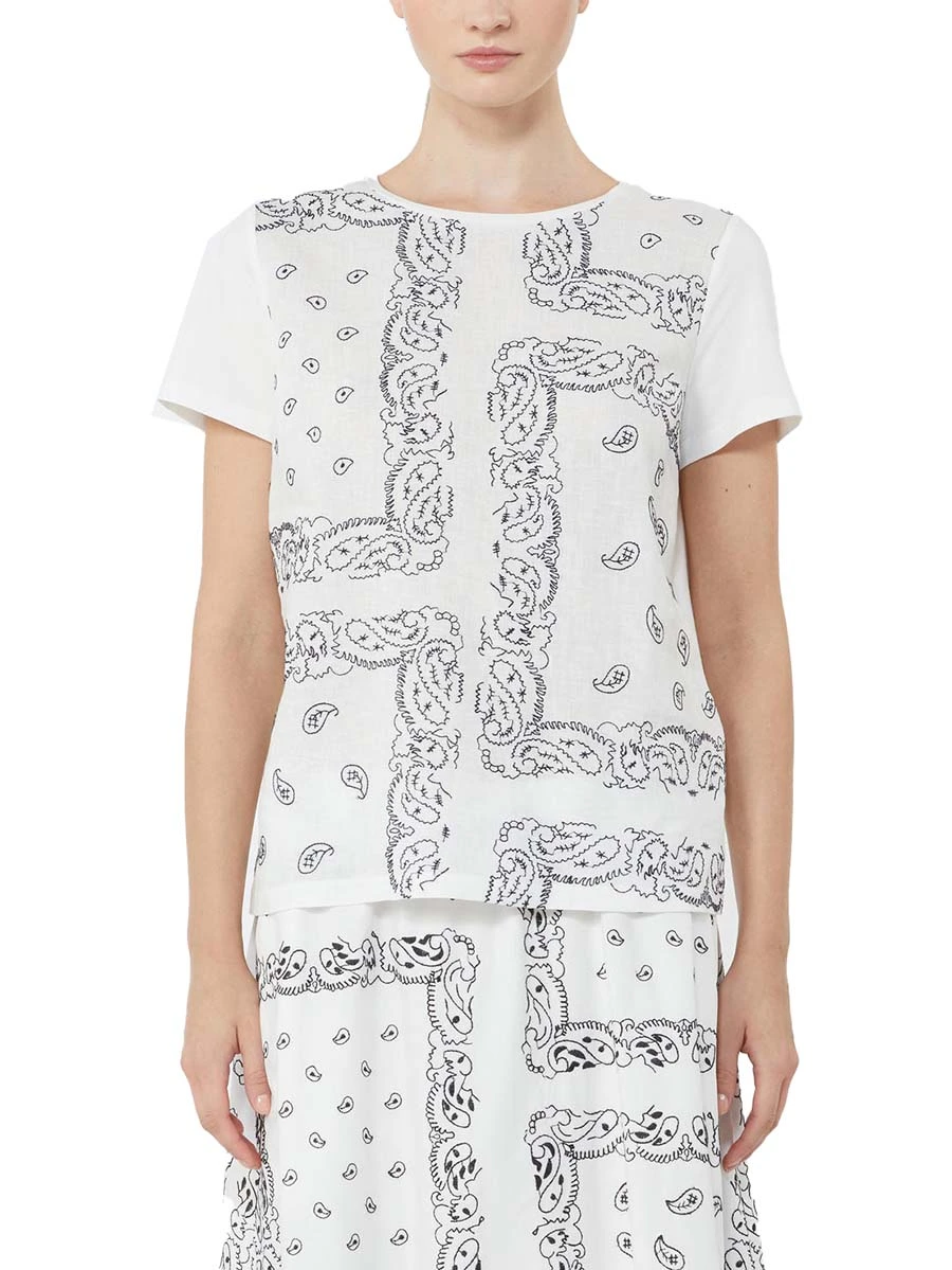 BLUSA IN JERSEY MANICA CORTA GIROCOLLO RICAMATO DONNA OFF  BIANCO