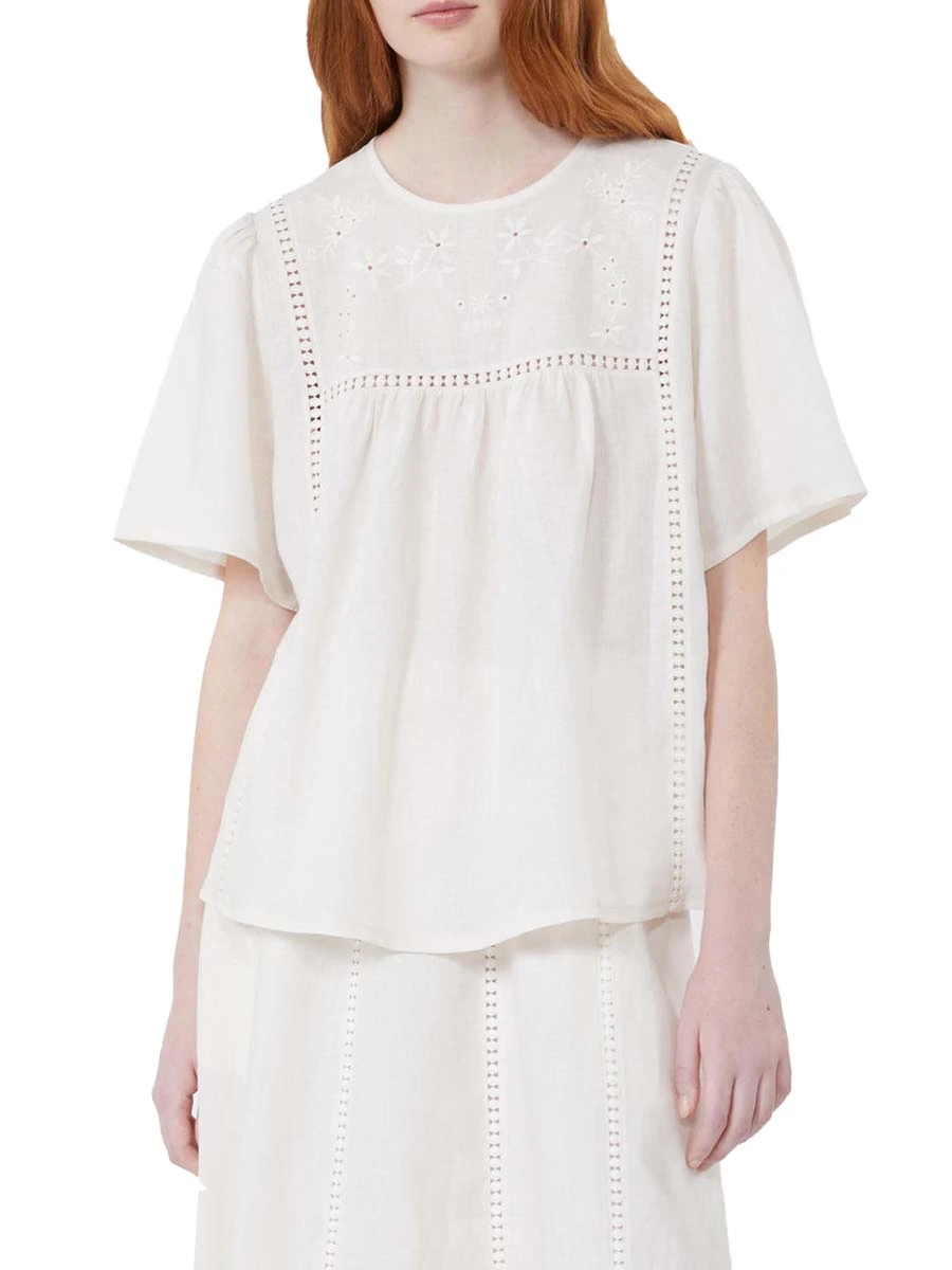 BLUSA A MANICA CORTA GIROCOLLO IN LINO DONNA ECRU'