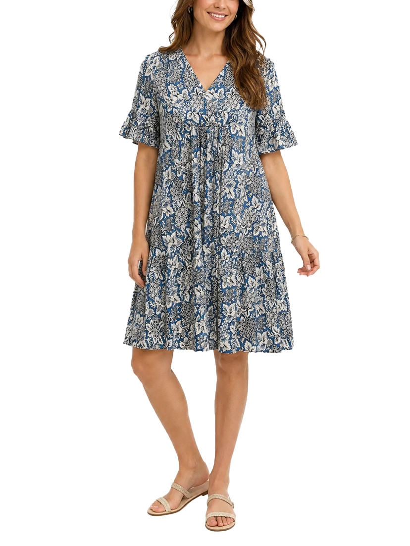 VESTITO CORTO KAFTANO  CON GONNA A BALZE DONNA  BLU SCURO