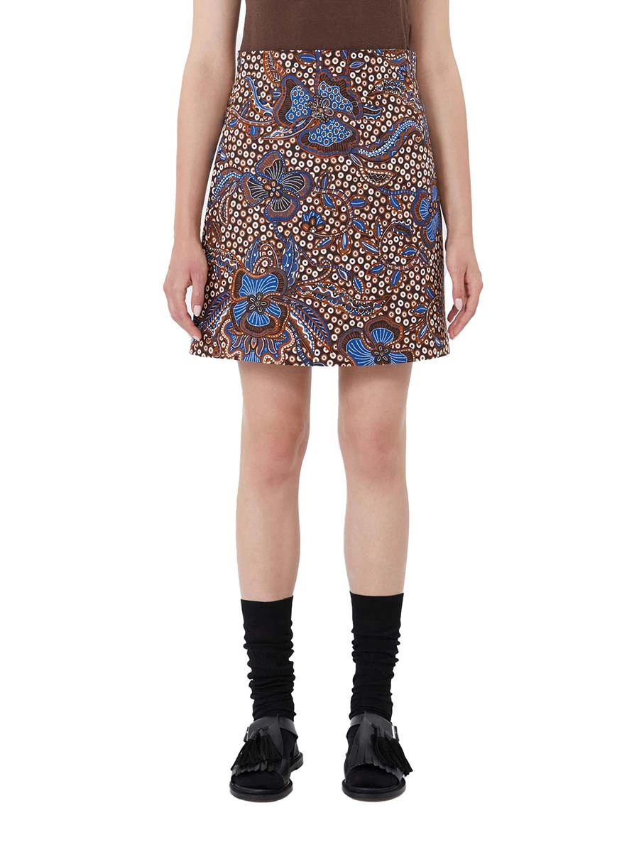 GONNA CORTA STAMPATA CON ZIP INVISIBILE DONNA MARRONE