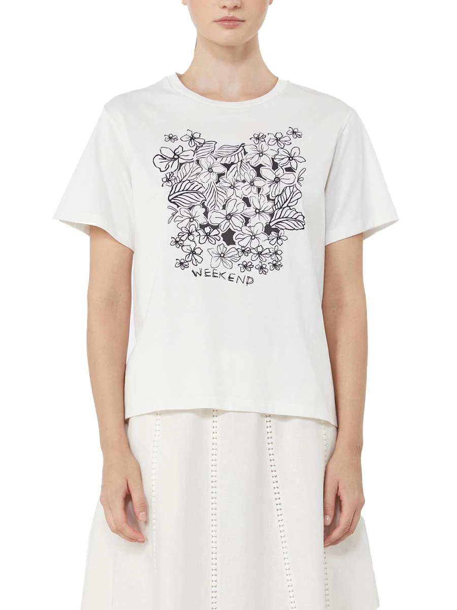 T-SHIRT MANICA CORTA CON GRAFICHE FIORI RICAMATE DONNA BIANCO