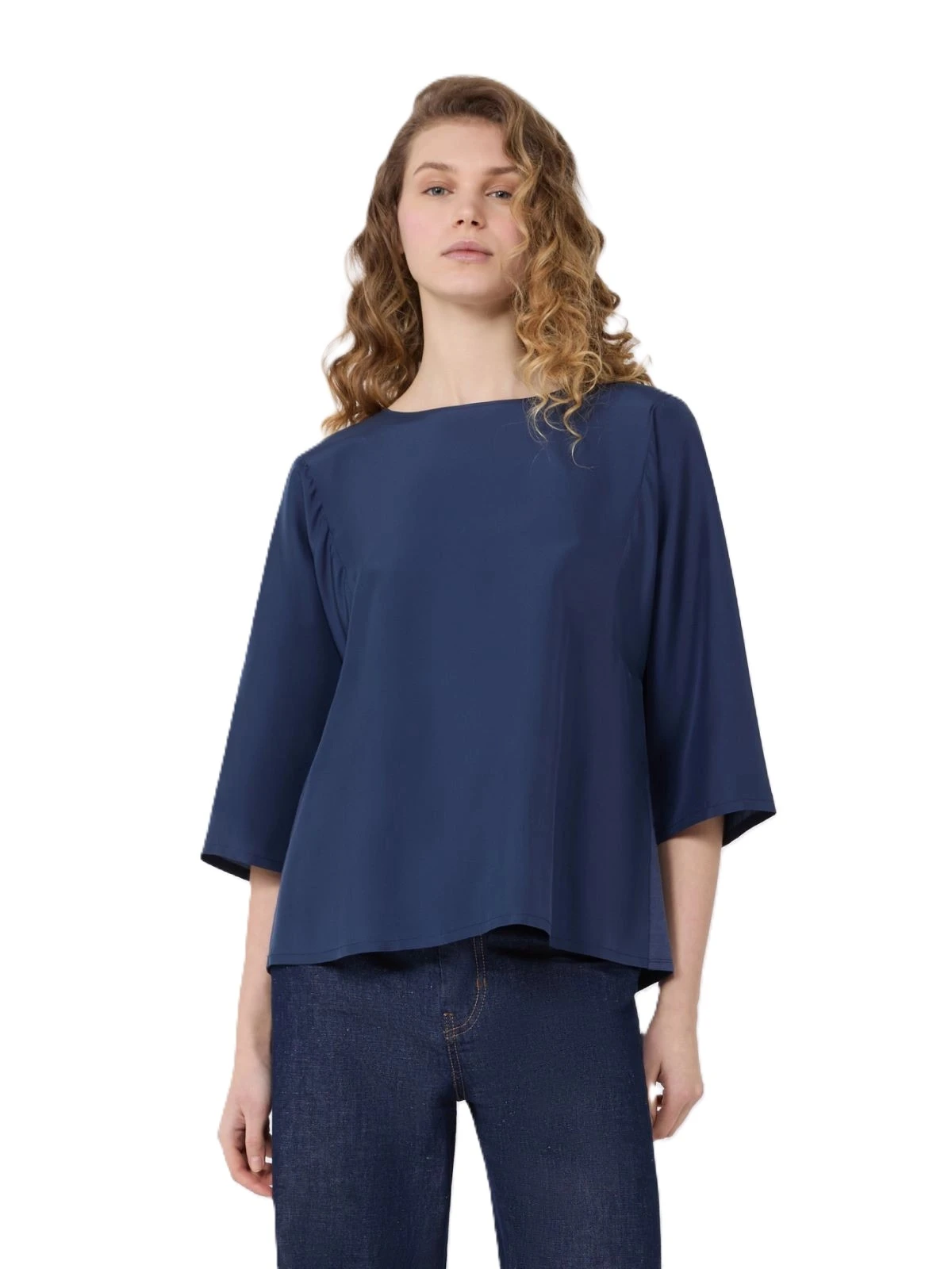 BLUSA IN PURA SETA CON INSERTO DI COTONE E LYOCELL DONNA BLU