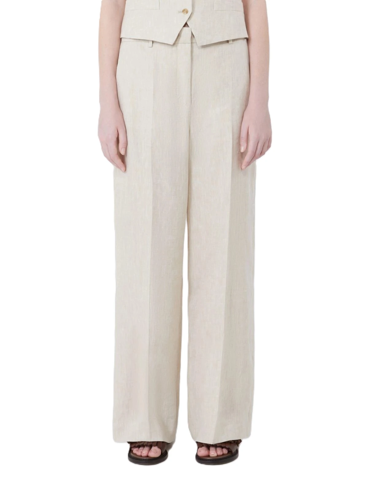 PANTALONE PALAZZO IN LINO CON PINCES DONNA BEIGE