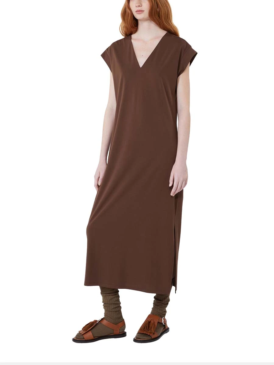 VESTITO LUNGO CON SCOLLO A V E MANICHE AD ALETTA DONNA NERO