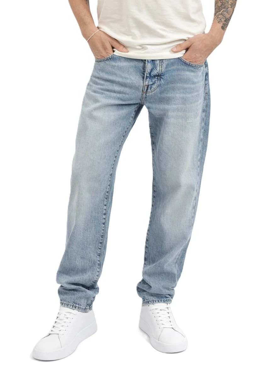 JEANS REGULAR 5 TASCHE CON IMPUNTURE A CONTRASTO UOMO BLU CHIARO