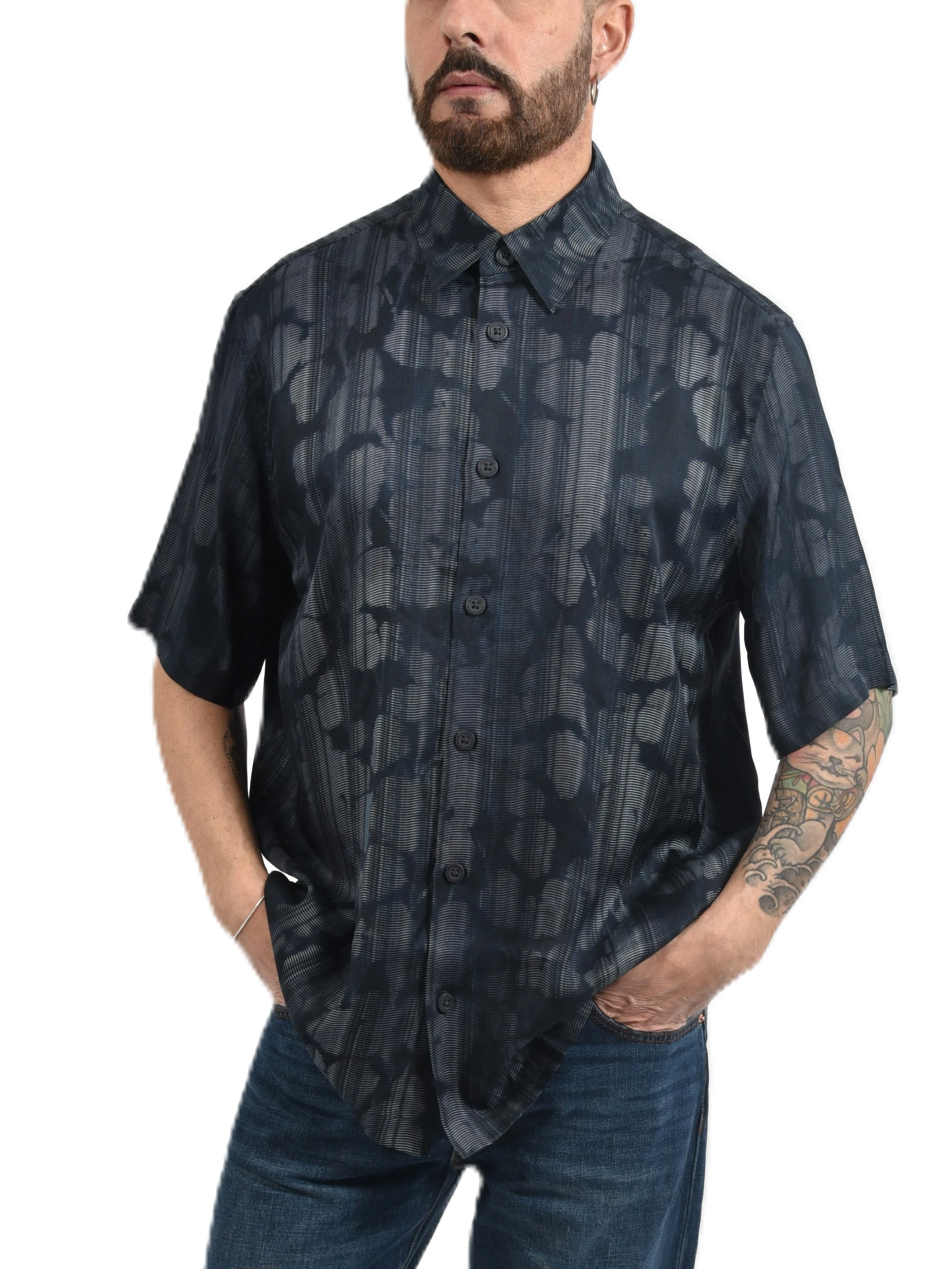 CAMICIA MANICA CORTA MODELLO BOXY CON STAMPA ALL OVER UOMO BLU