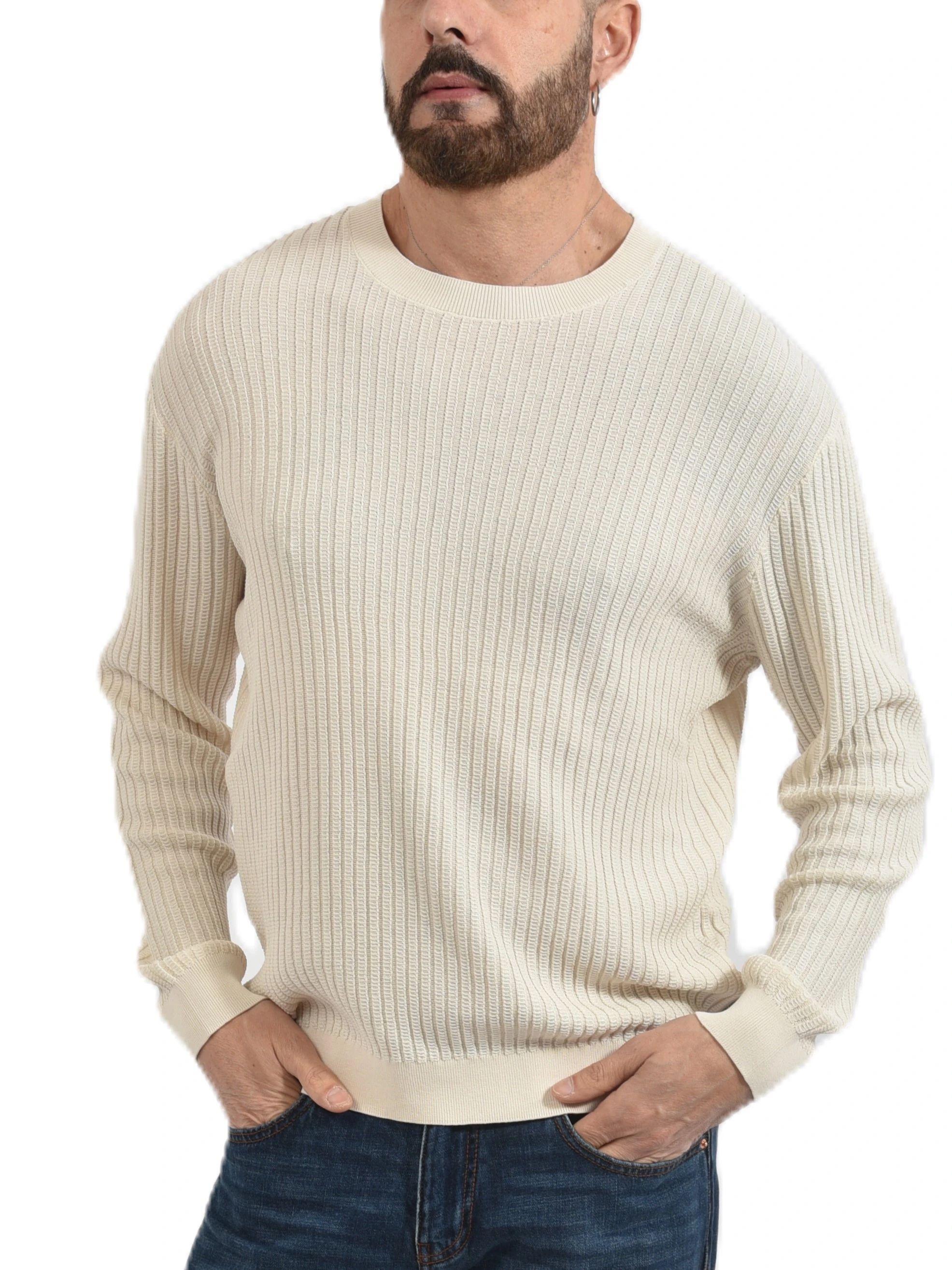 MAGLIA GIROCOLLO IN COTONE CON LAVORAZIONE A COSTINE UOMO BEIGE