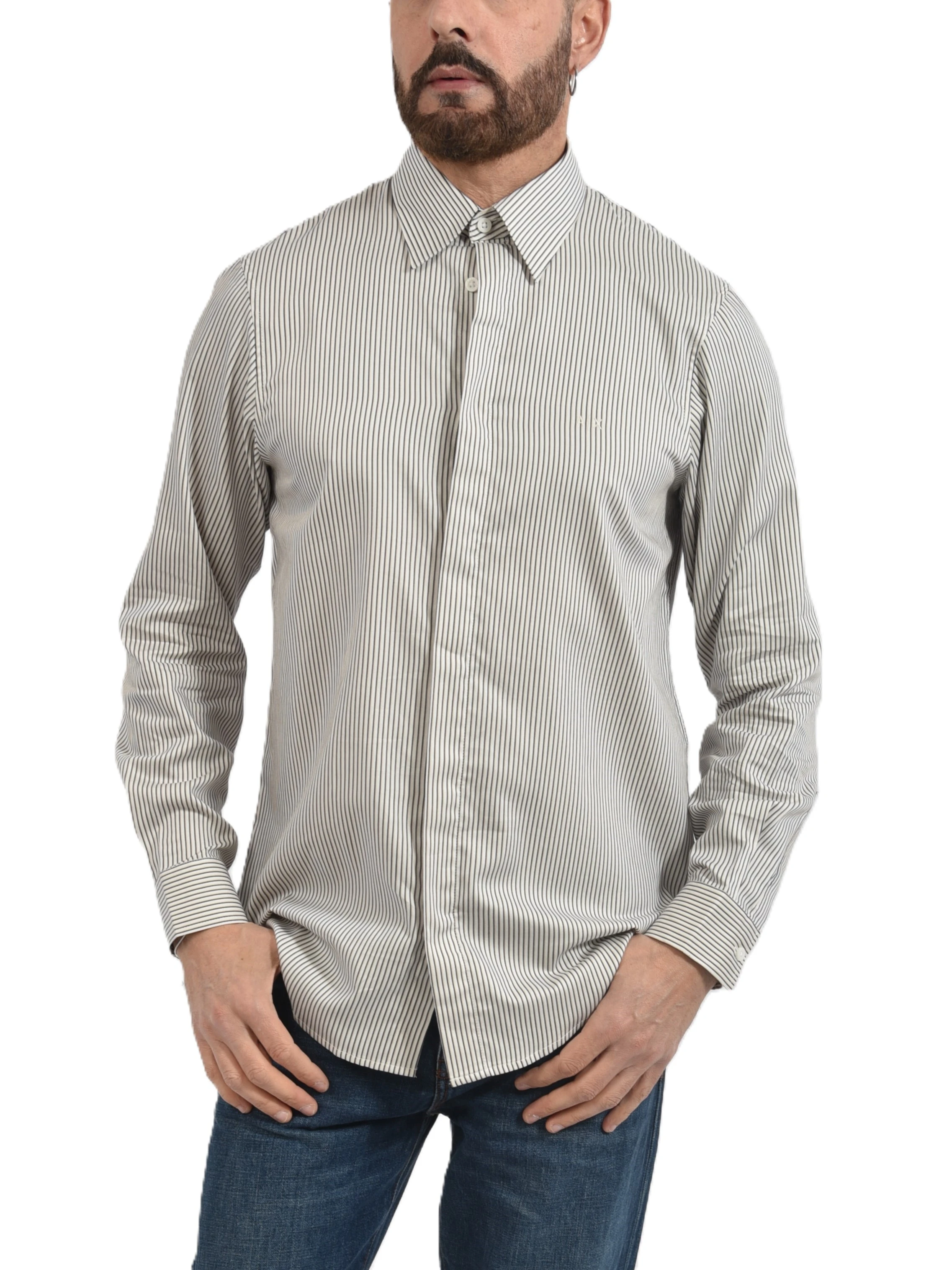 CAMICIA CASUAL IN COTONE A RIGHE CON LOGO RICAMATO UOMO BEIGE
