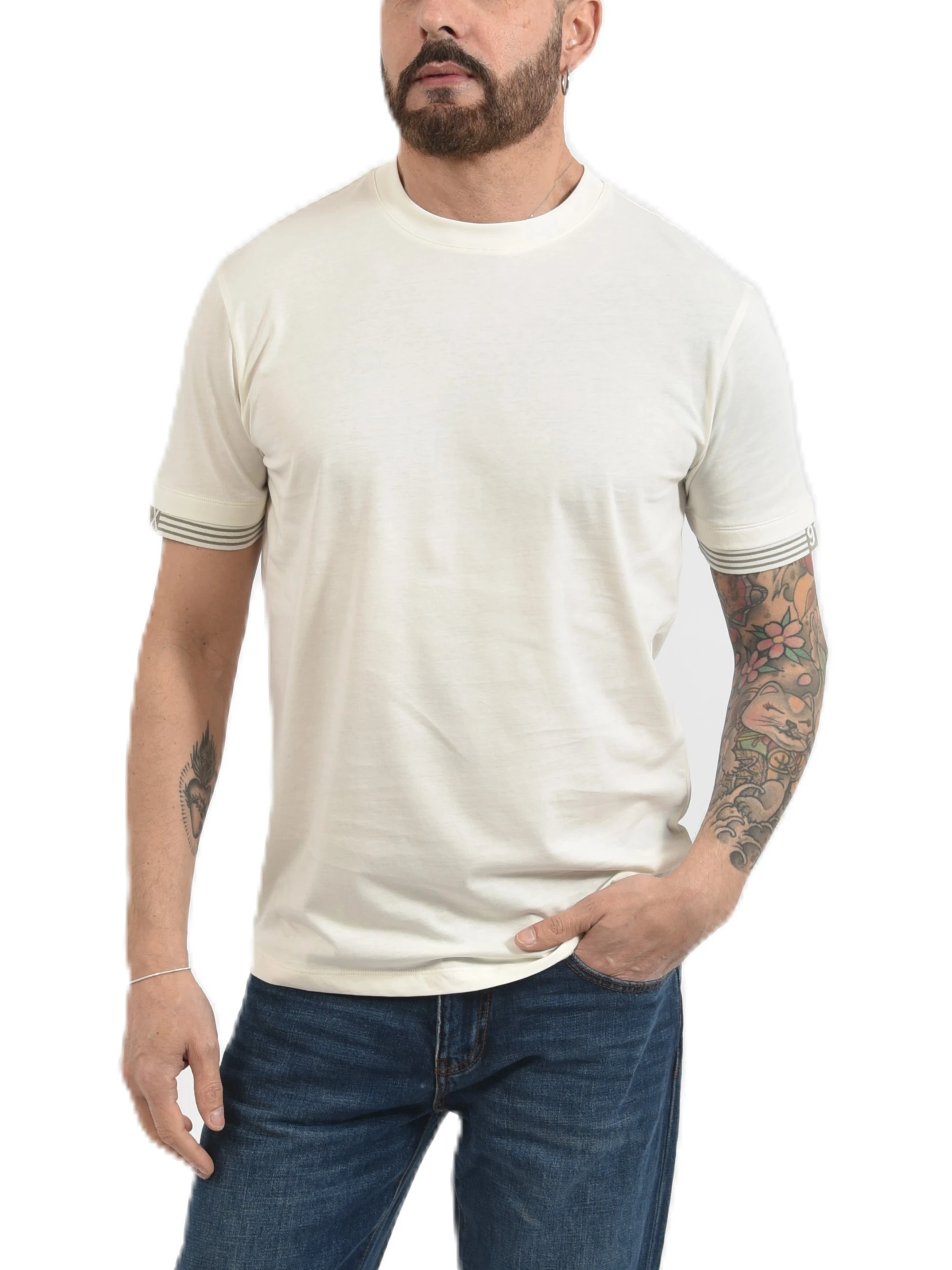 T-SHIRT MANICA CORTA CON DETTAGLIO A RIGHE SULLE MANICHE UOMO BEIGE
