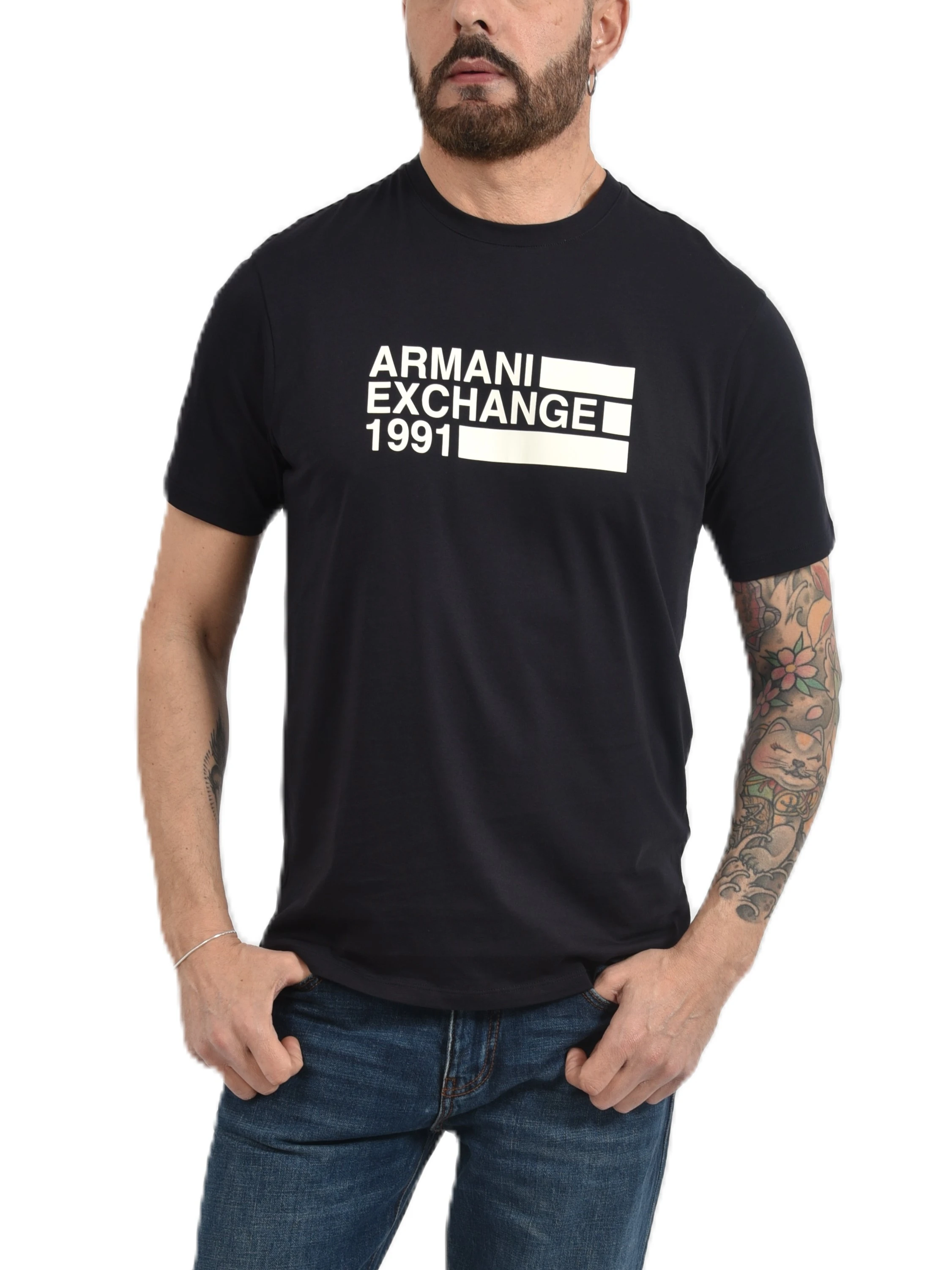 T-SHIRT MANICA CORTA CON STAMPA A CONTRASTO UOMO BLU