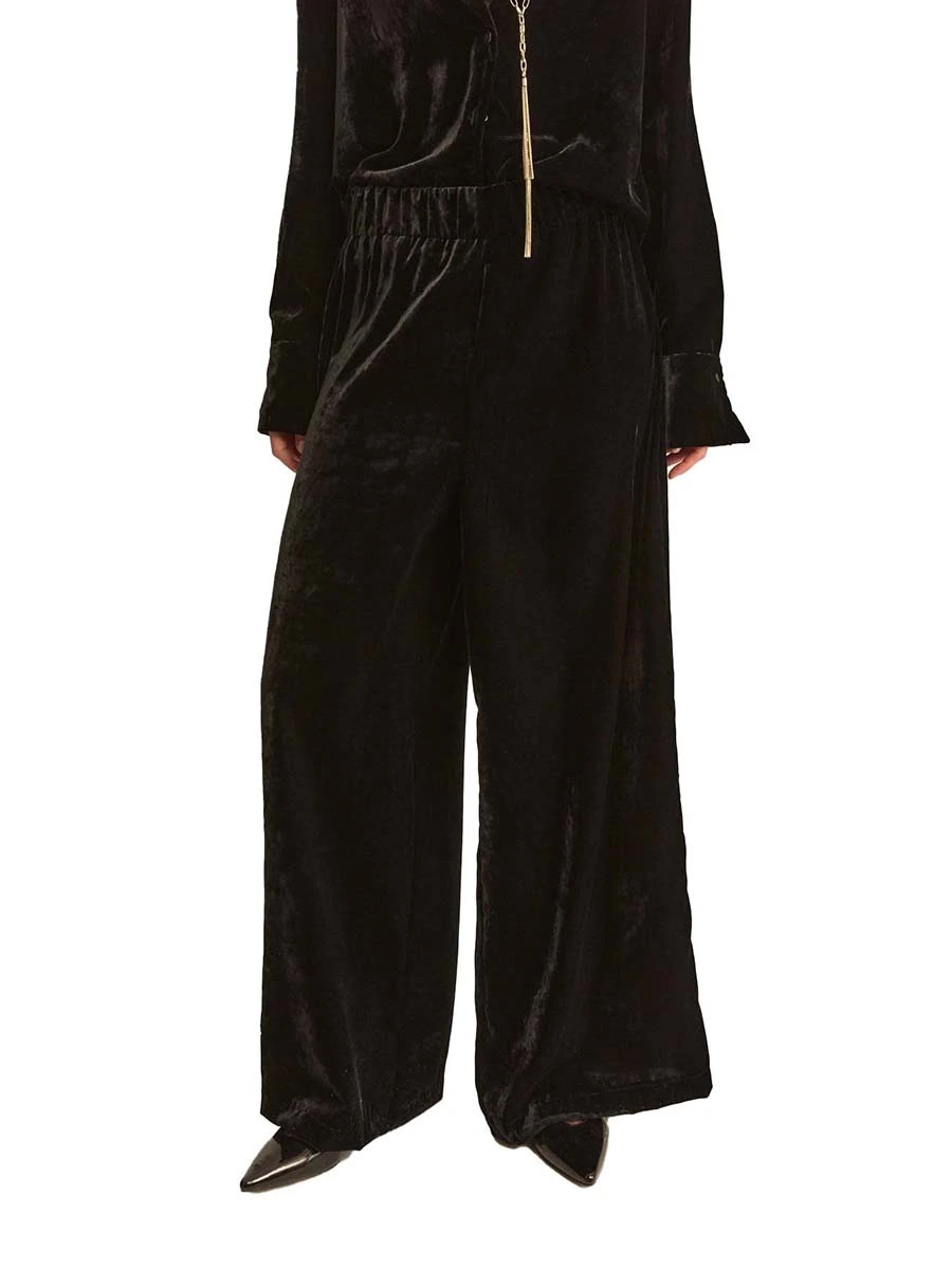 PANTALONI PALAZZO IN VELLUTO MORBIDO CON ELASTICO DONNA NERO