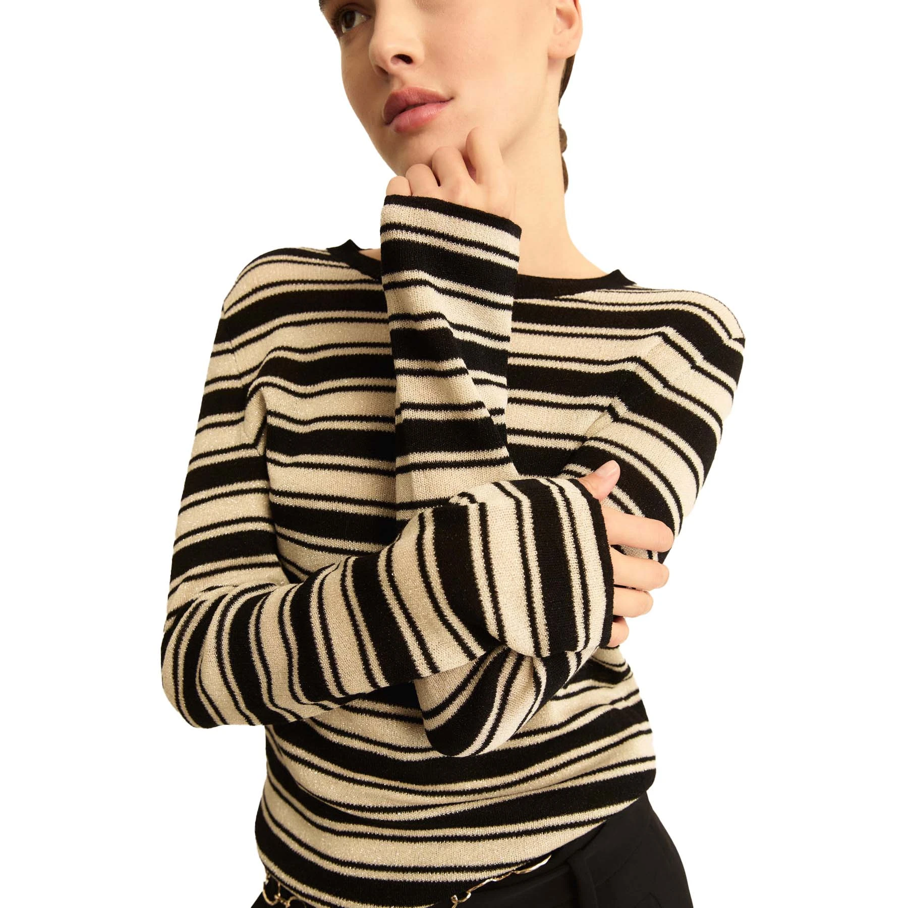 MAGLIA GIROCOLLO IN MISTO VISCOSA FANTASIA A RIGHE DONNA NERO