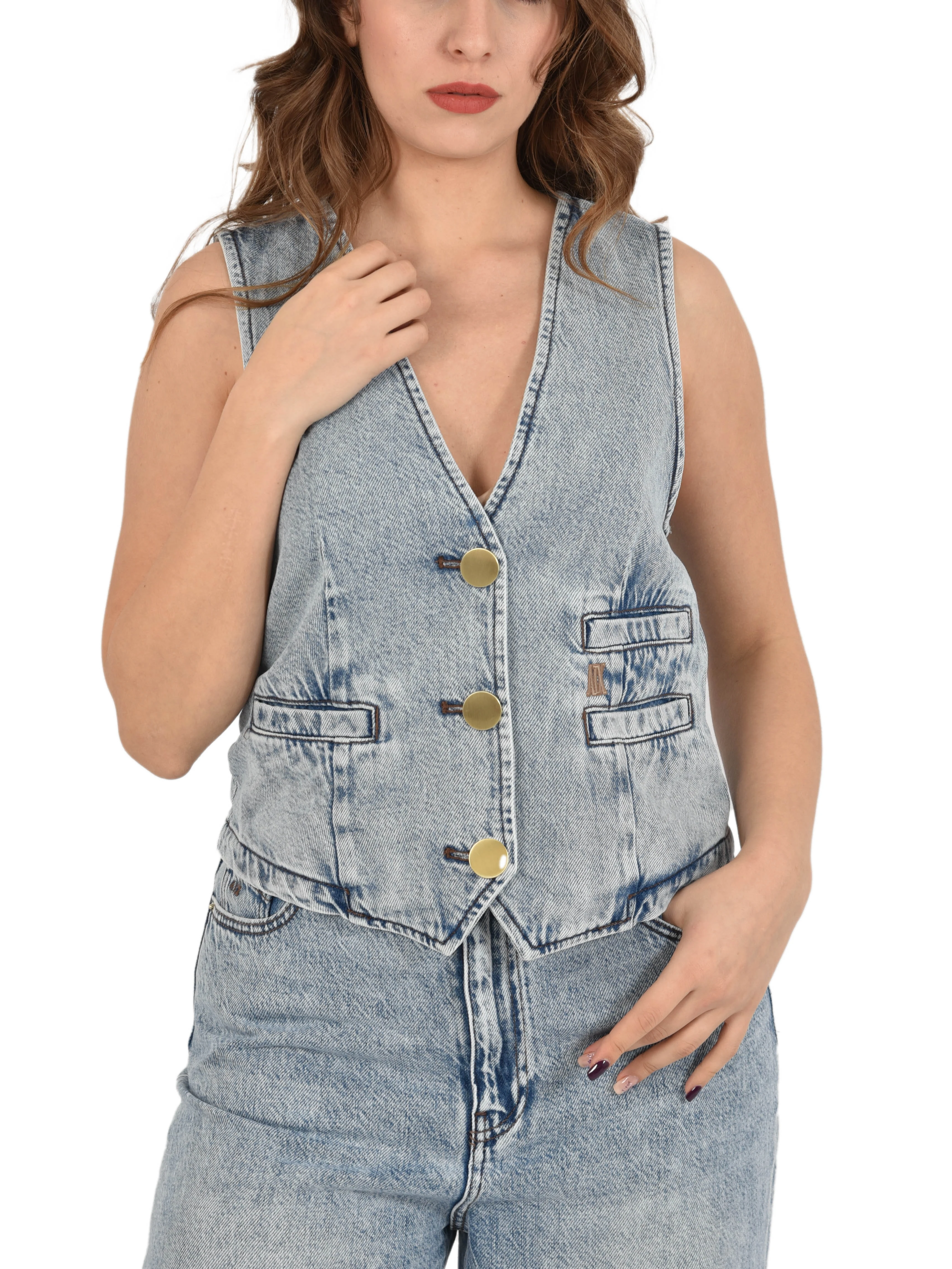 GILET IN DEMIN CON BOTTONI DONNA BLU