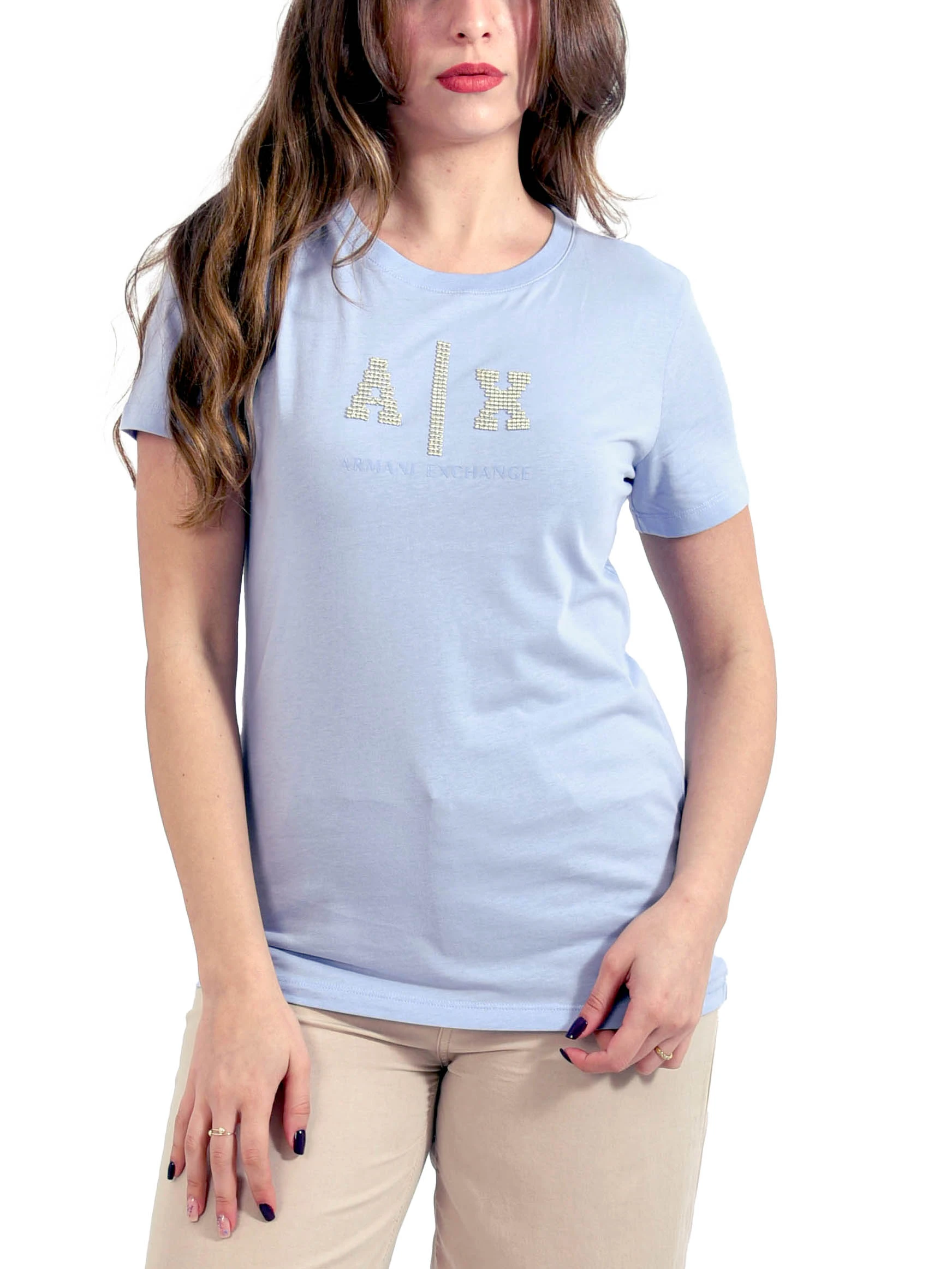 T-SHIRT MANICA CORTA CON LOGO RICAMATO IN STRASS DONNA LILLA