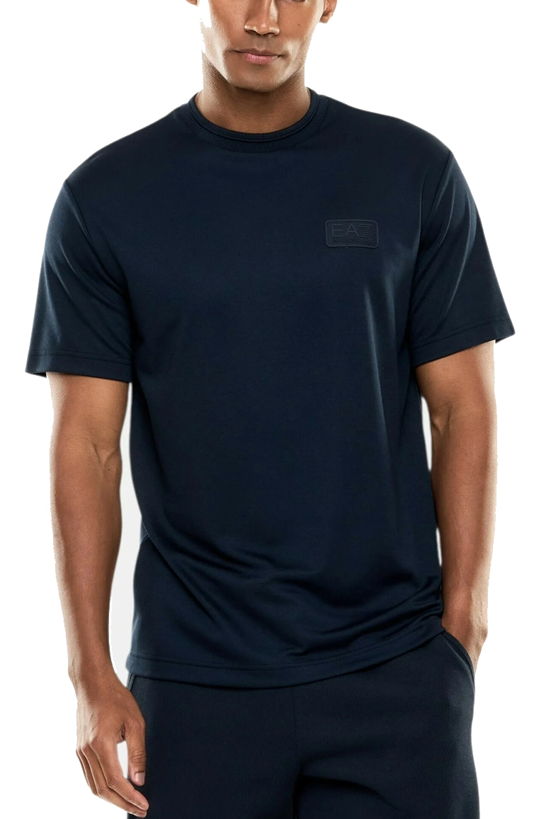 T-SHIRT MANICA CORTA IN JERSEY DI COTONE CON LOGO FRONTALE A CONTRASTO UOMO BLU
