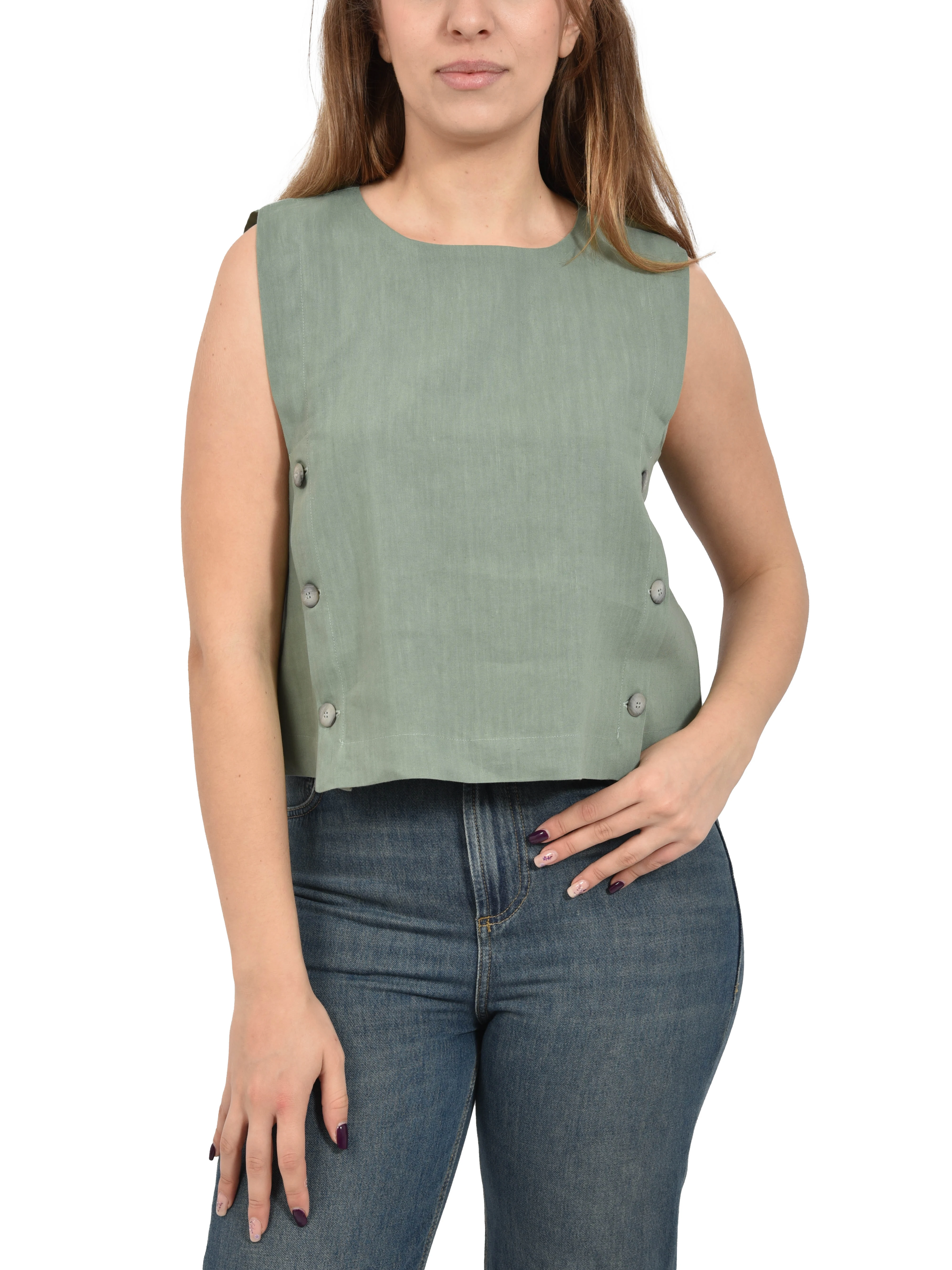 TOP IN LINO E VISCOSA STRETCH CON BOTTONI LATERALI DONNA VERDE