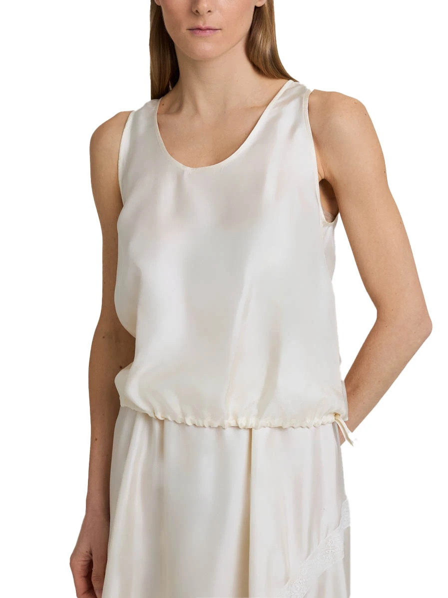 TOP SMANICATO CON SCOLLO ROTONDO E CHIUSURA CON BOTTONE DONNA BIANCO