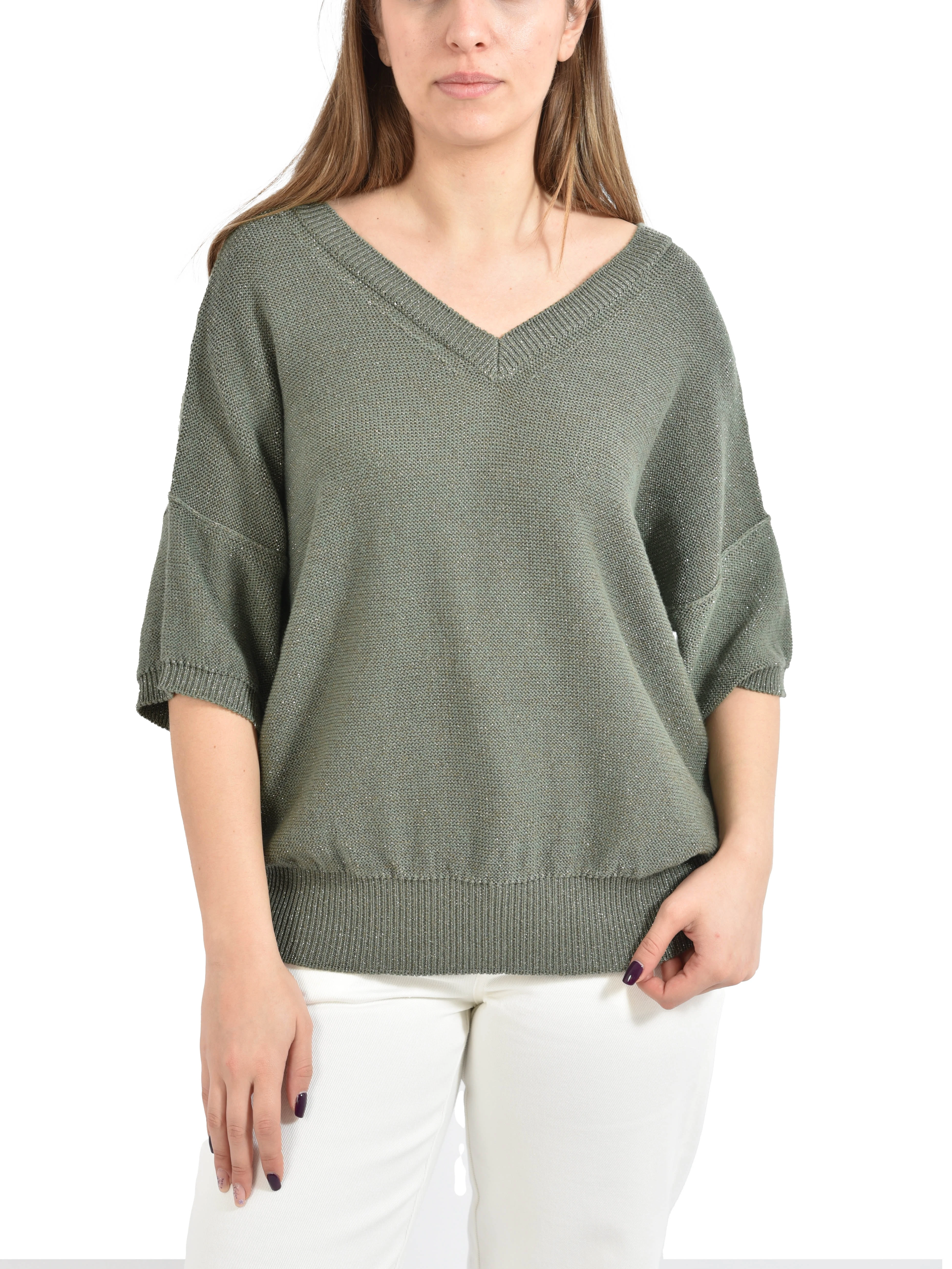 MAGLIA CON SCOLLO A V  IN FILATO DI COTONE E LUREX DONNA VERDE