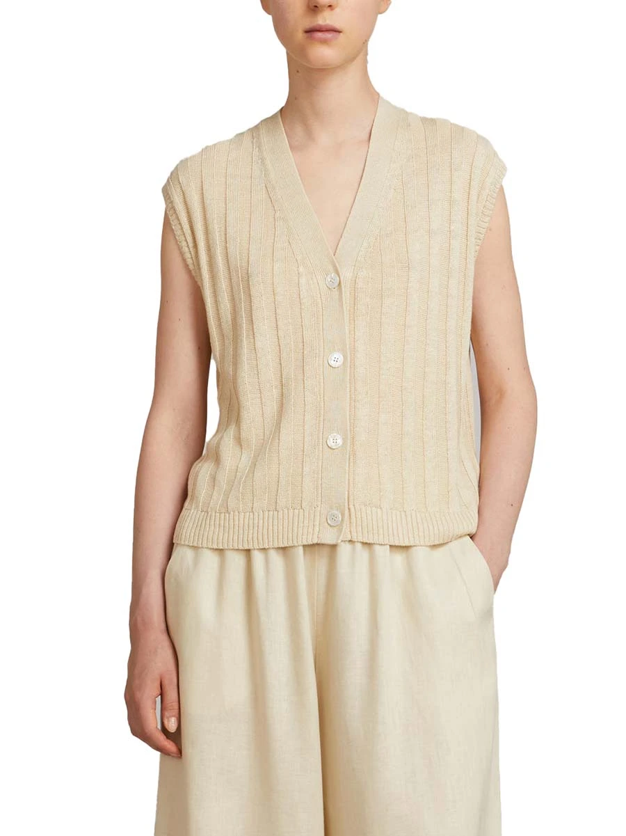 GILET IN MAGLIA CON SCOLLO A V E BOTTONI A VISTA DONNA BEIGE