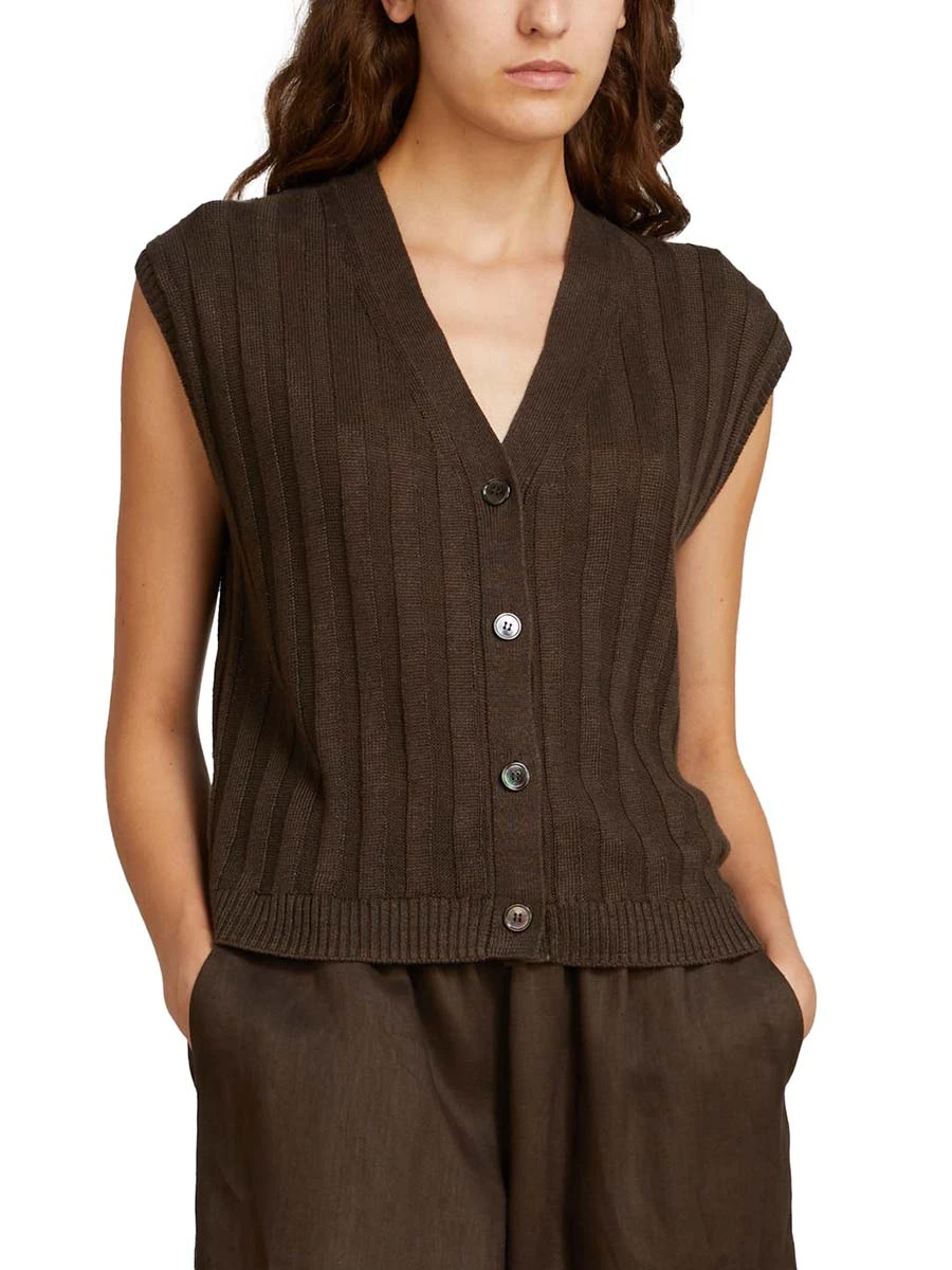GILET IN MAGLIA CON SCOLLO A V E BOTTONI A VISTA DONNA MARRONE