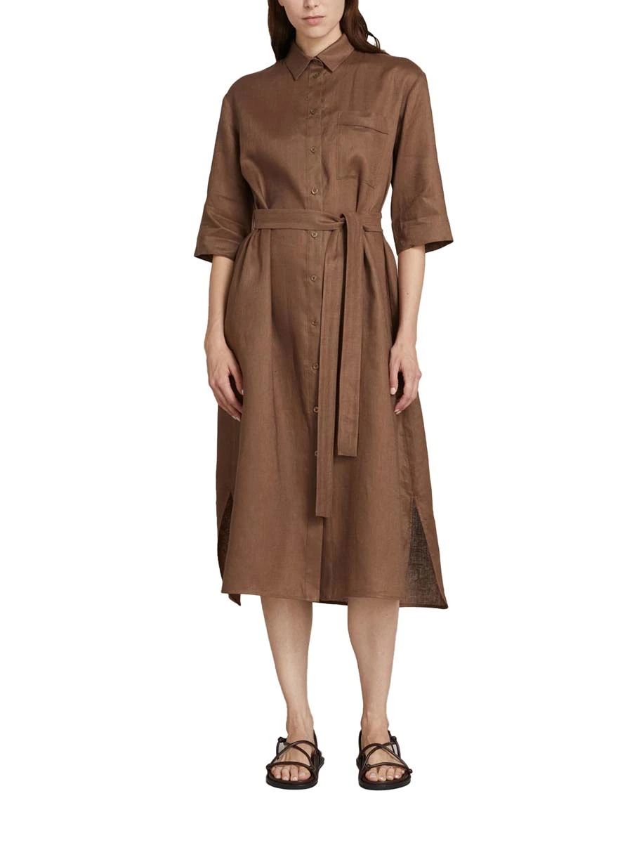 VESTITO CHEMISIER IN LINO CON CINTURA ABBINATA DONNA MARRONE
