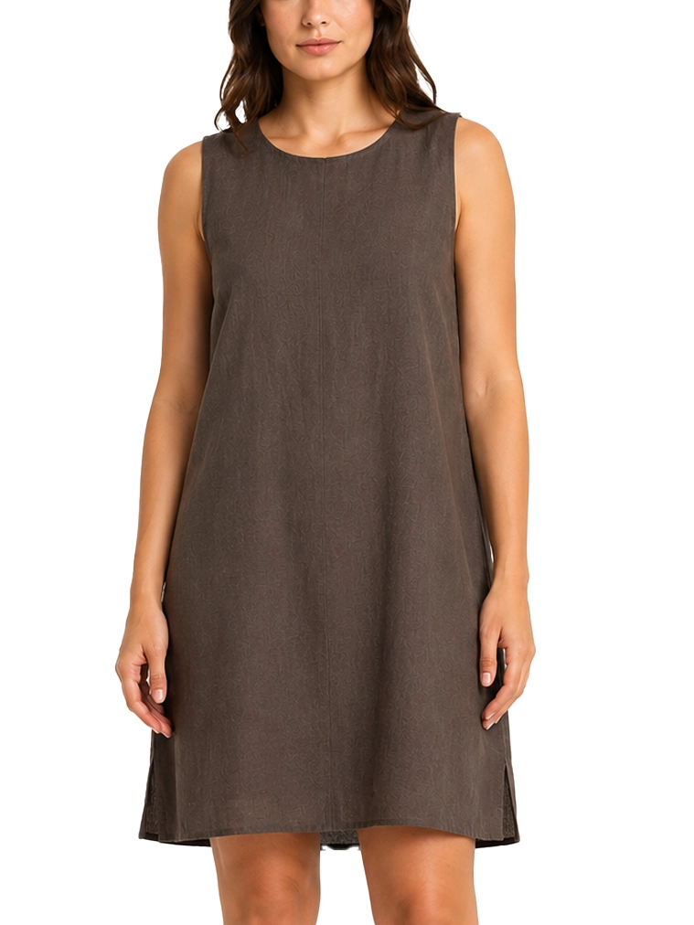 VESTITO CORTO SMANICATO CON CHIUSURA CON ZIP IN LINO DONNA MARRONE