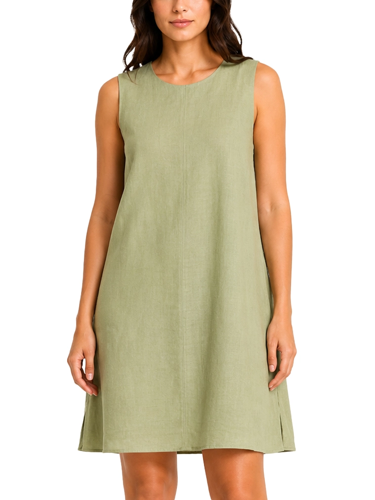 VESTITO CORTO SMANICATO CON CHIUSURA CON ZIP IN LINO DONNA VERDE