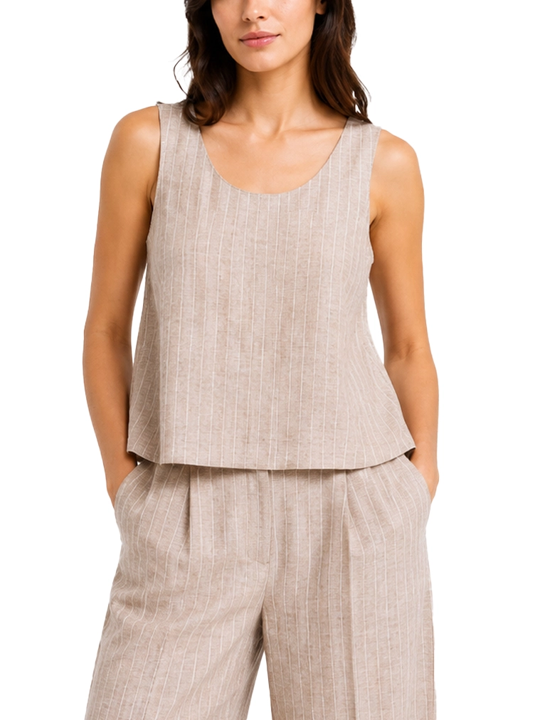 TOP SMANICATO IN MISTO LINO E COTONE DONNA MARRONE