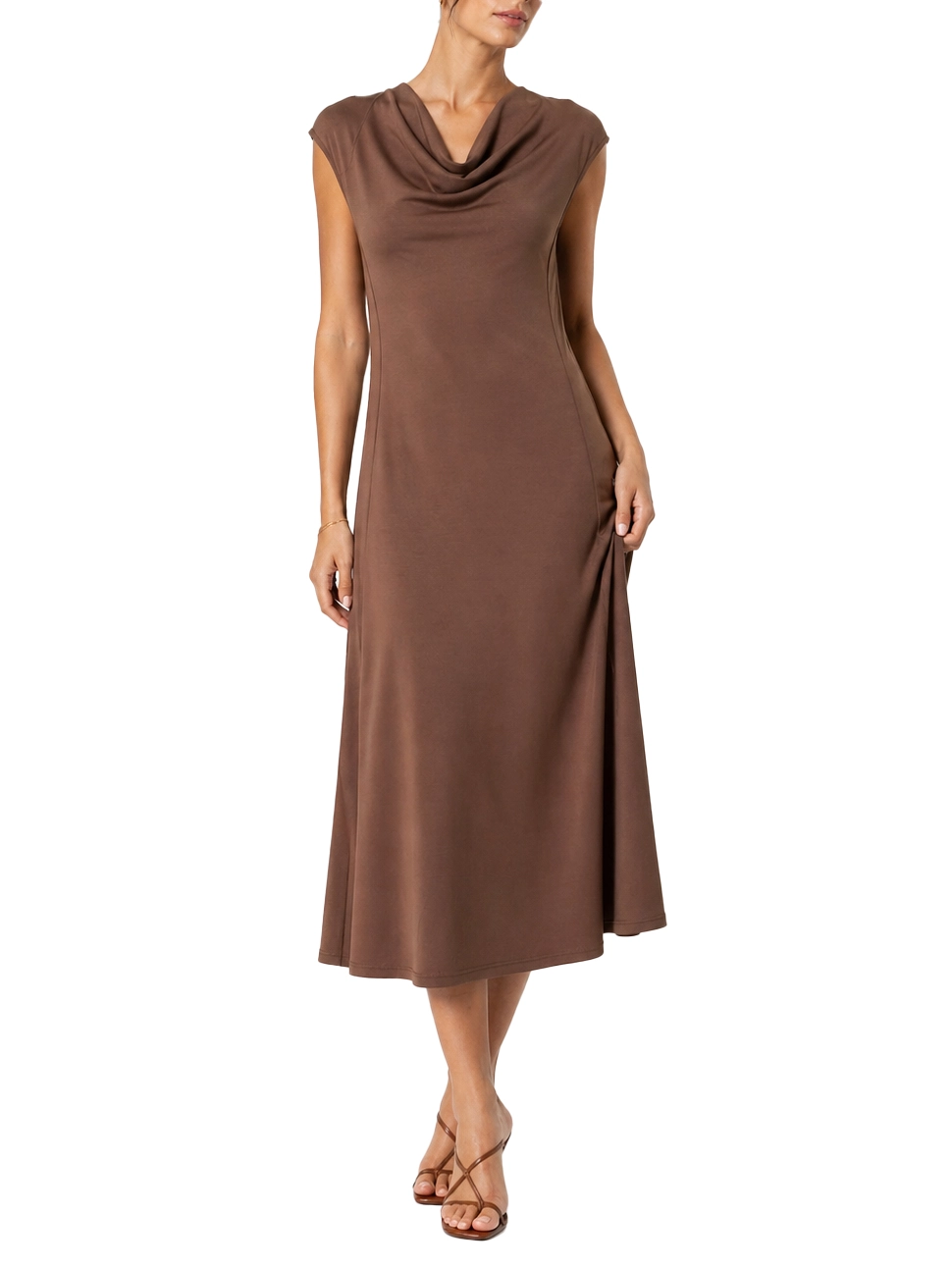 VESTITO LUNGO SMANICATO CON SCOLLATURA MORBIDA DONNA MARRONE