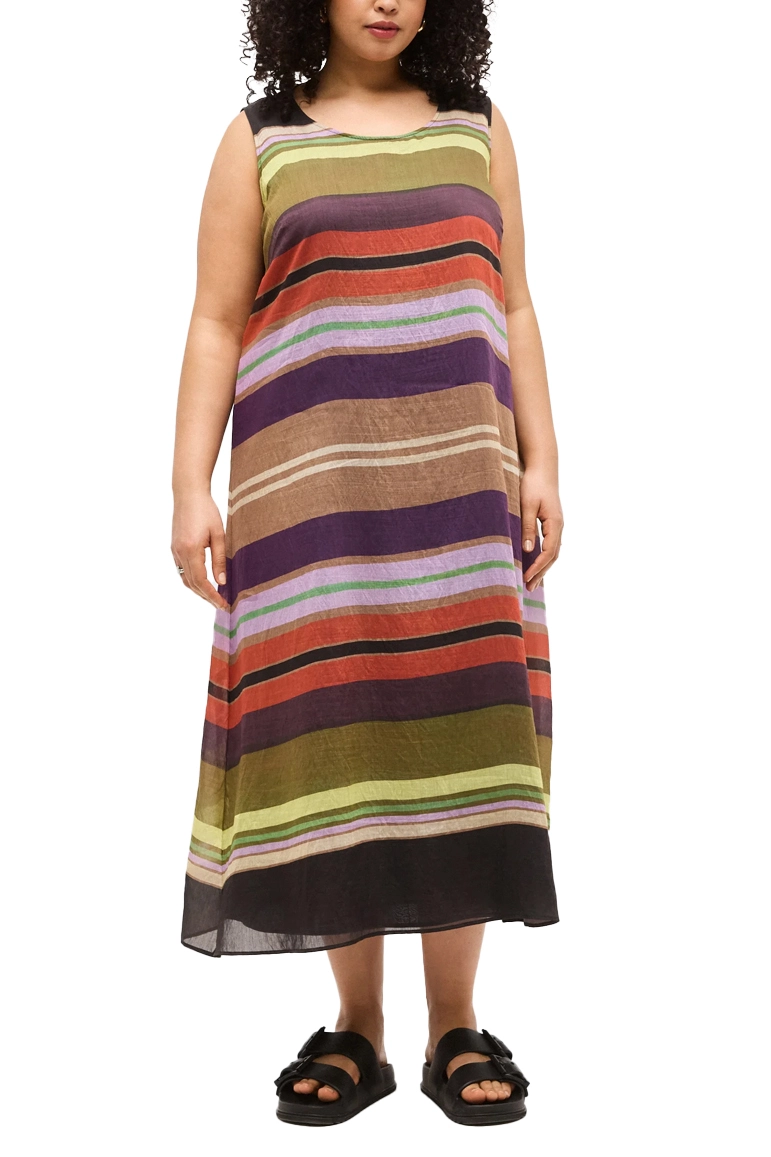 VESTITO LUNGO SMANICATO CON MOTIVO A RIGHE MULTICOLORE DONNA NERO