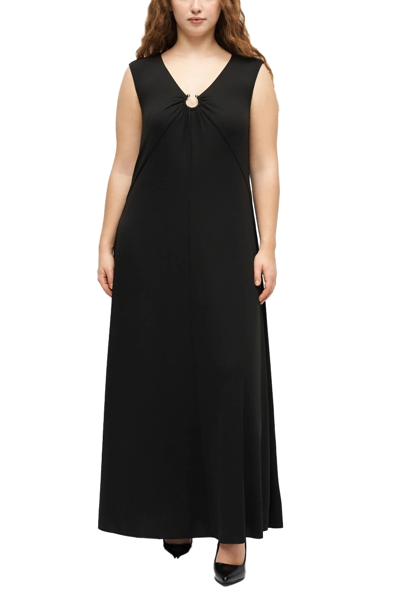VESTITO LUNGO IN JERSEY CON SCOLLO A V E ANELLO IN METALLO DONNA NERO