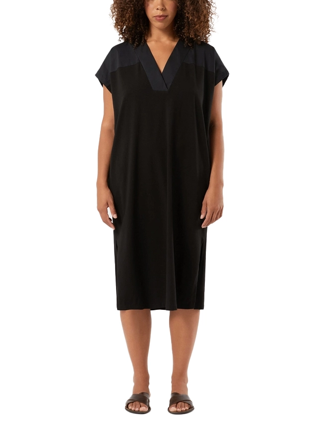 VESTITO CORTO IN COTONE CON SCOLLO A V E SPACCHI LATERALI DONNA NERO
