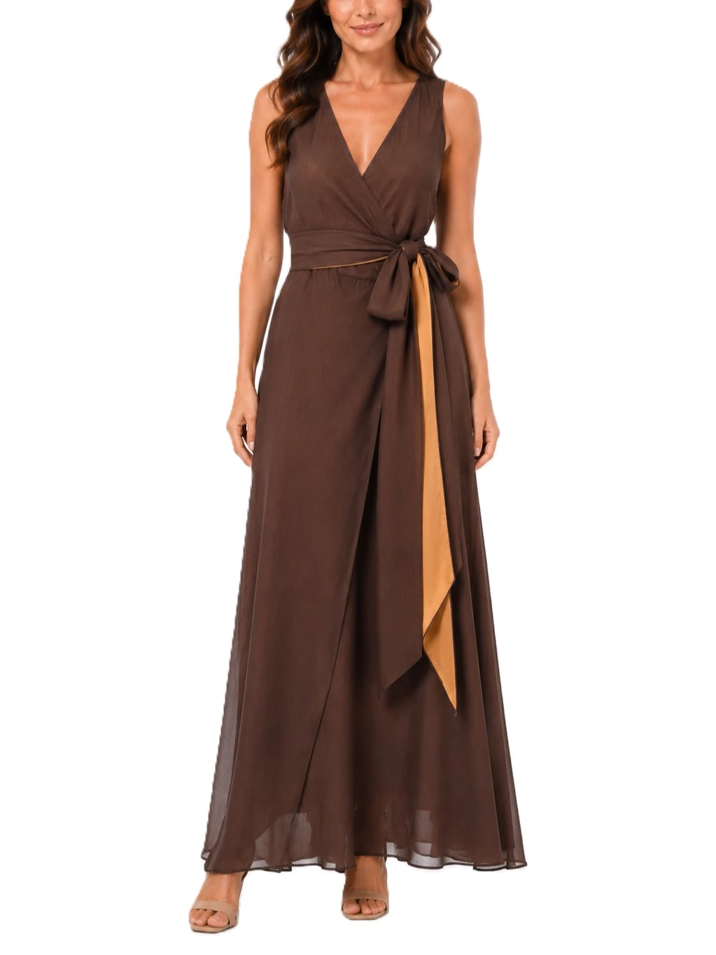 VESTITO LUNGO DOUBLE FACE CON CINTURA DONNA  MARRONE