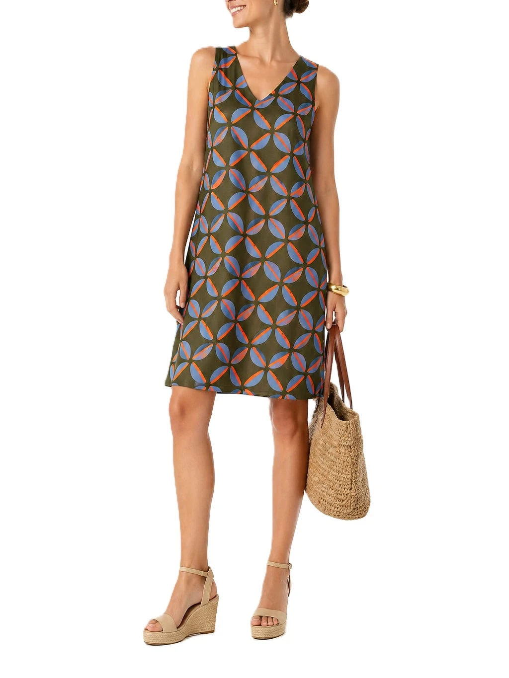 VESTITO CORTO SMANICATO CON SCOLLO A V E STAMPA ALL OVER DONNA VERDE