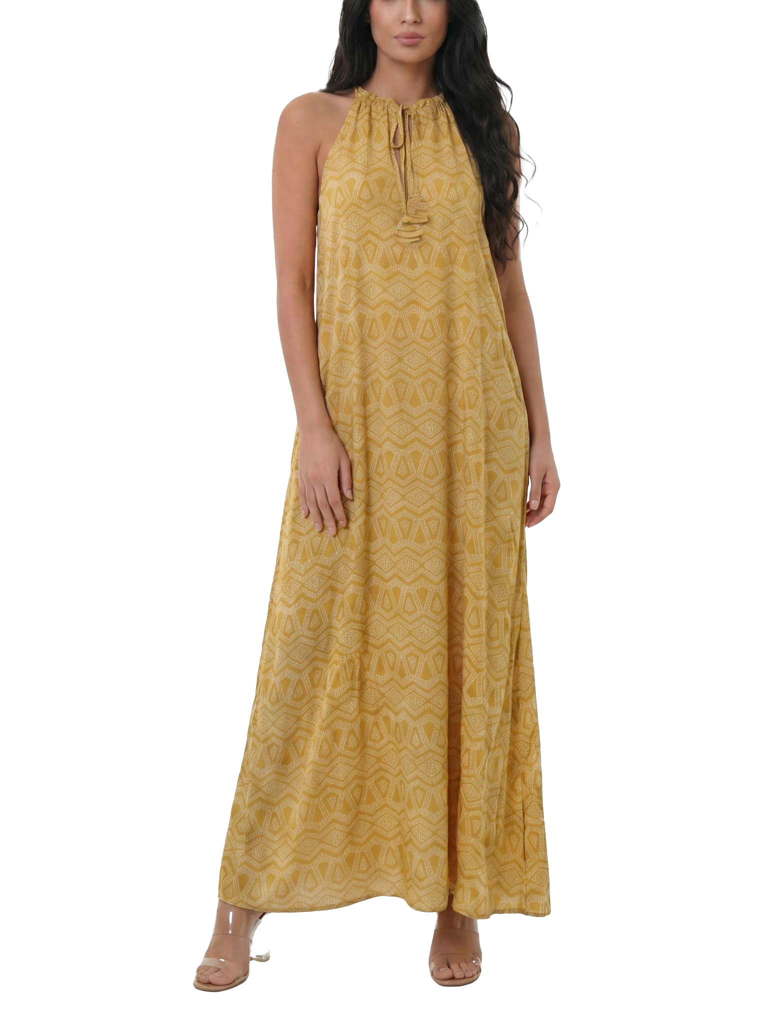VESTITO LUNGO CON SCOLLO CON ARRICCIATURA E COULISSE DONNA GIALLO