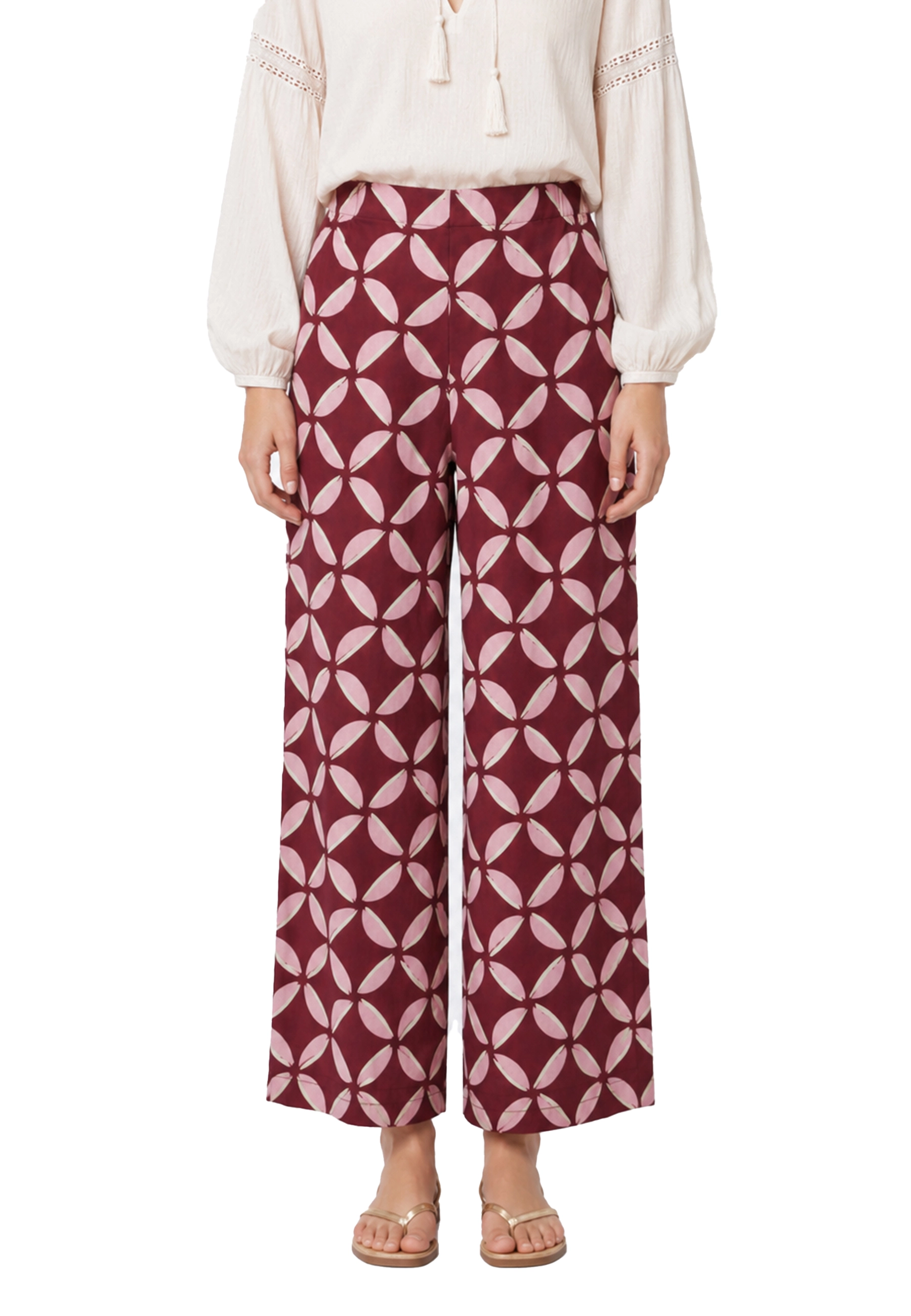 PANTALONE PALAZZO CON ELASTICO IN VITA STAMPA GEOMETRICA DONNA BORDEAUX