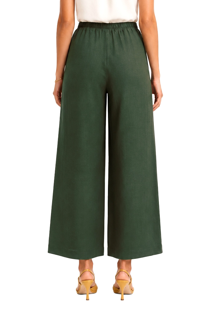 PANTALONI PALAZZO IN LINO CON ELASTICO POSTERIORE DONNA VERDE