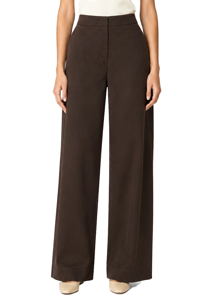PANTALONE PALAZZO IN COTONE STRETCH  CON TASCHE DONNA MARRONE