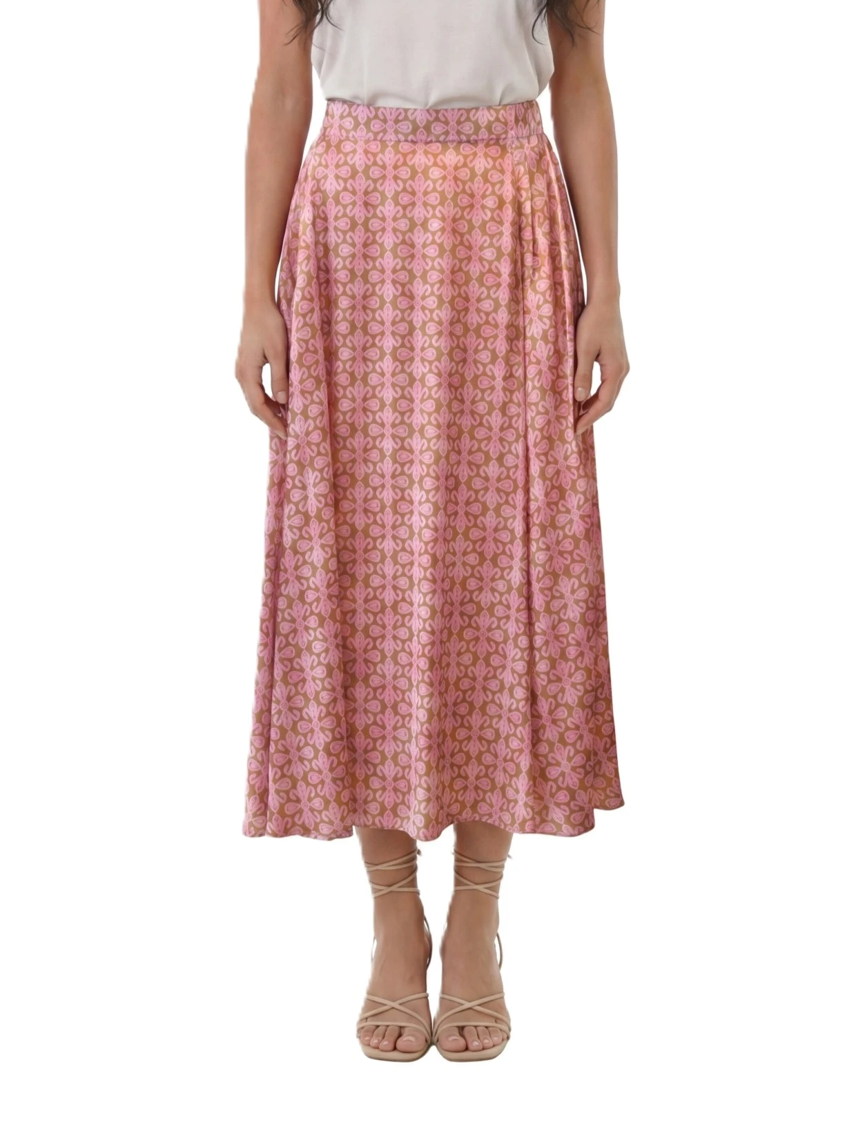 GONNA LUNGA IN SETA CON STAMPA ED ELASTICO IN VITA DONNA ROSA