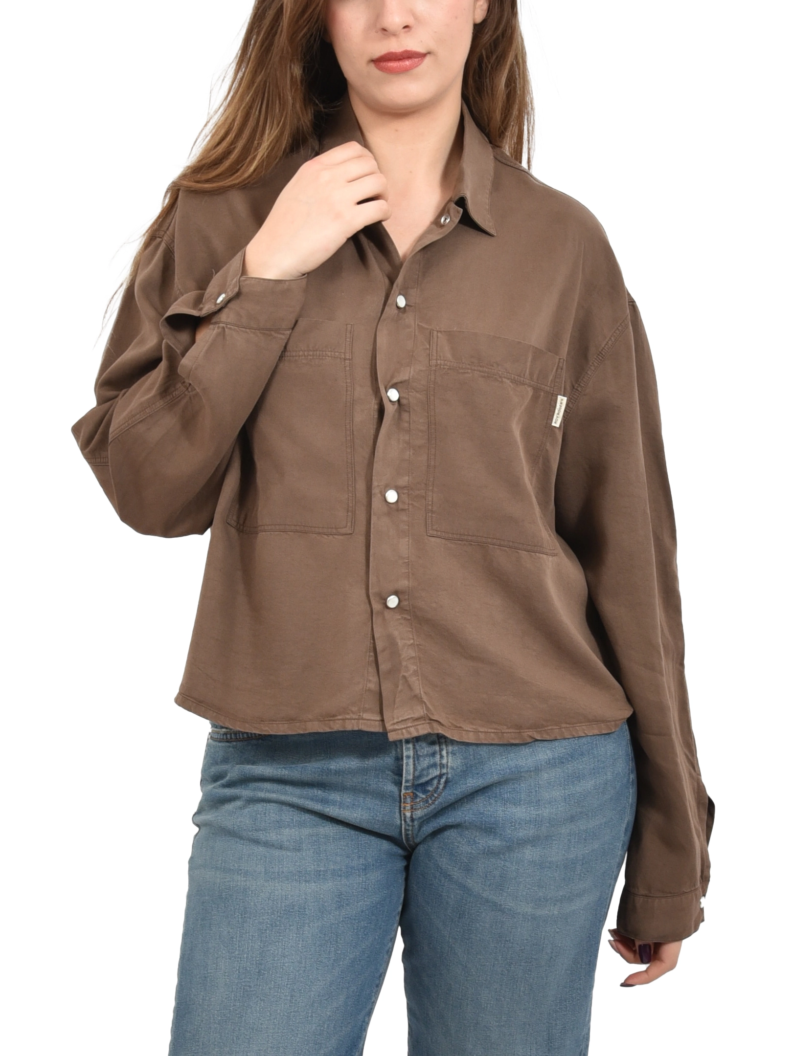 CAMICIA DONNA CON TASCHE FRONTALI E BOTTONI A PRESSIONE DONNA MARRONE