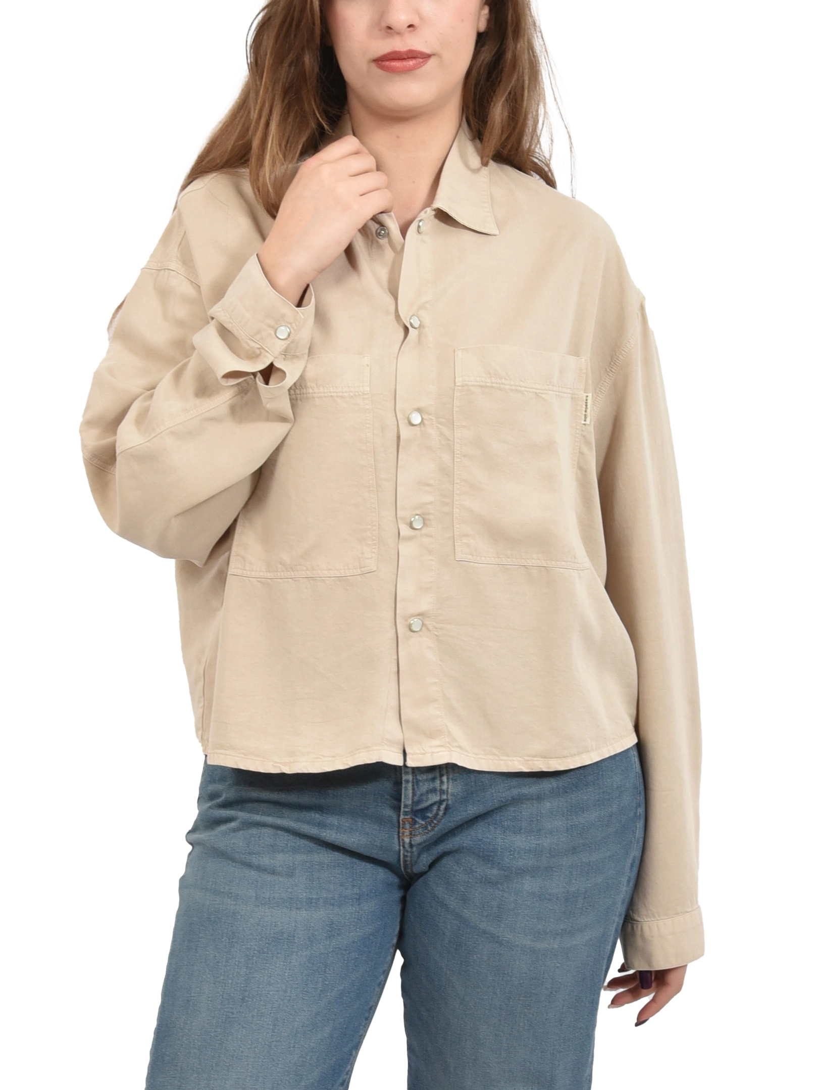 CAMICIA DONNA CON TASCHE FRONTALI E BOTTONI A PRESSIONE DONNA BEIGE